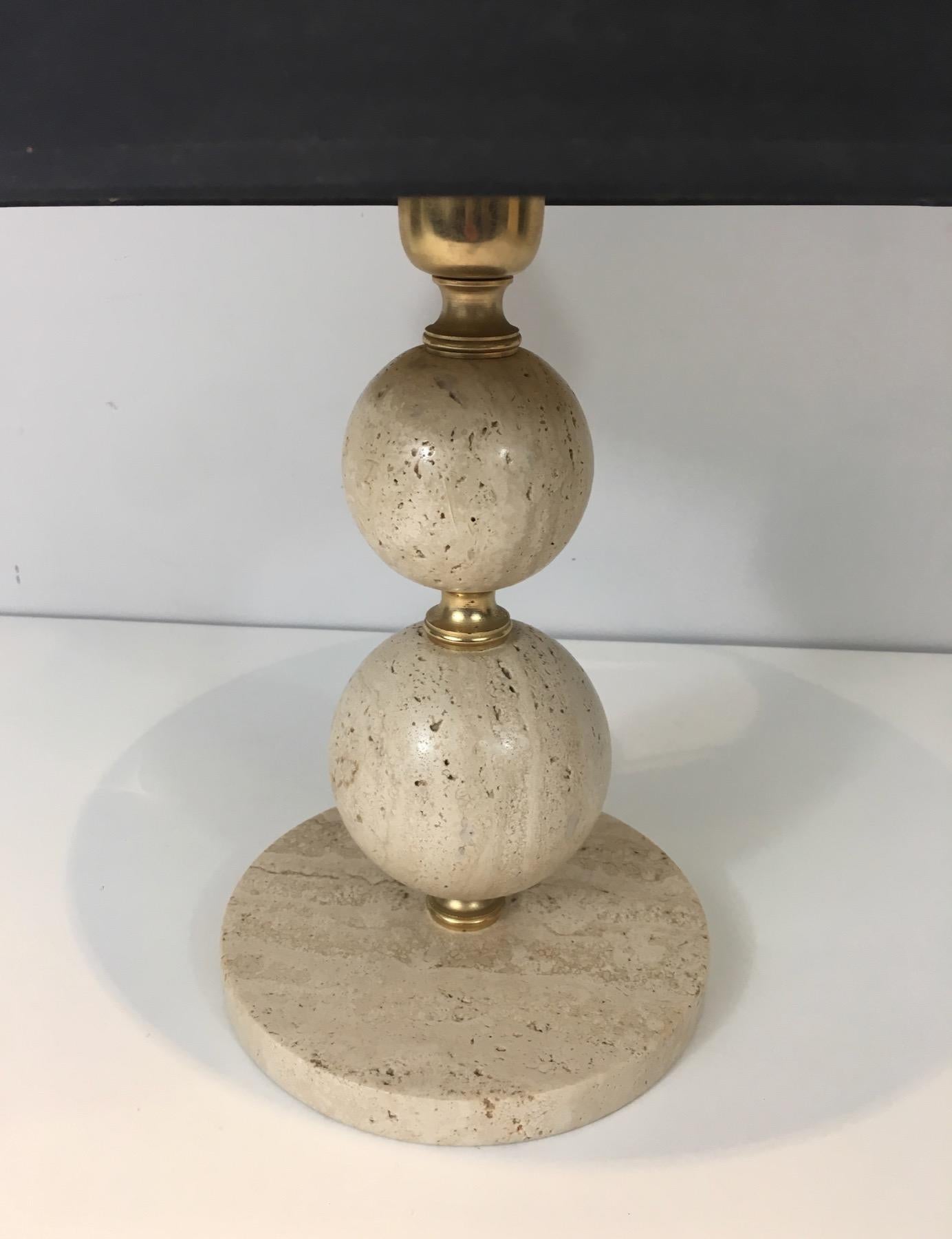 Travertine and Brass Table Lamp, Black Shintz Gilt Inside, French 5