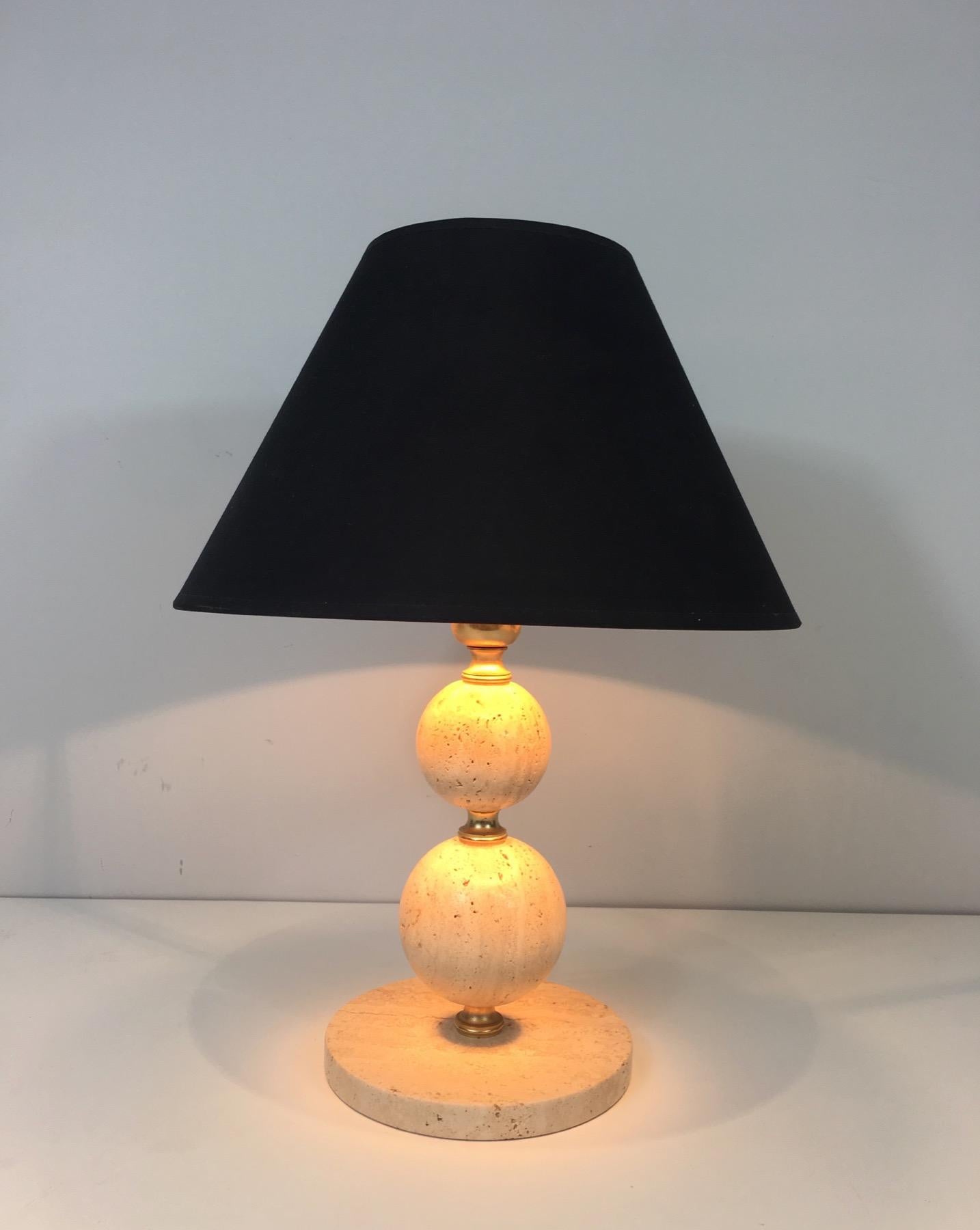Travertine and Brass Table Lamp, Black Shintz Gilt Inside, French 7