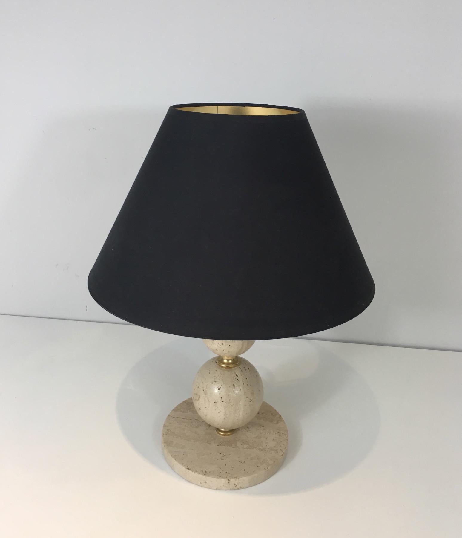 Travertine and Brass Table Lamp, Black Shintz Gilt Inside, French 9