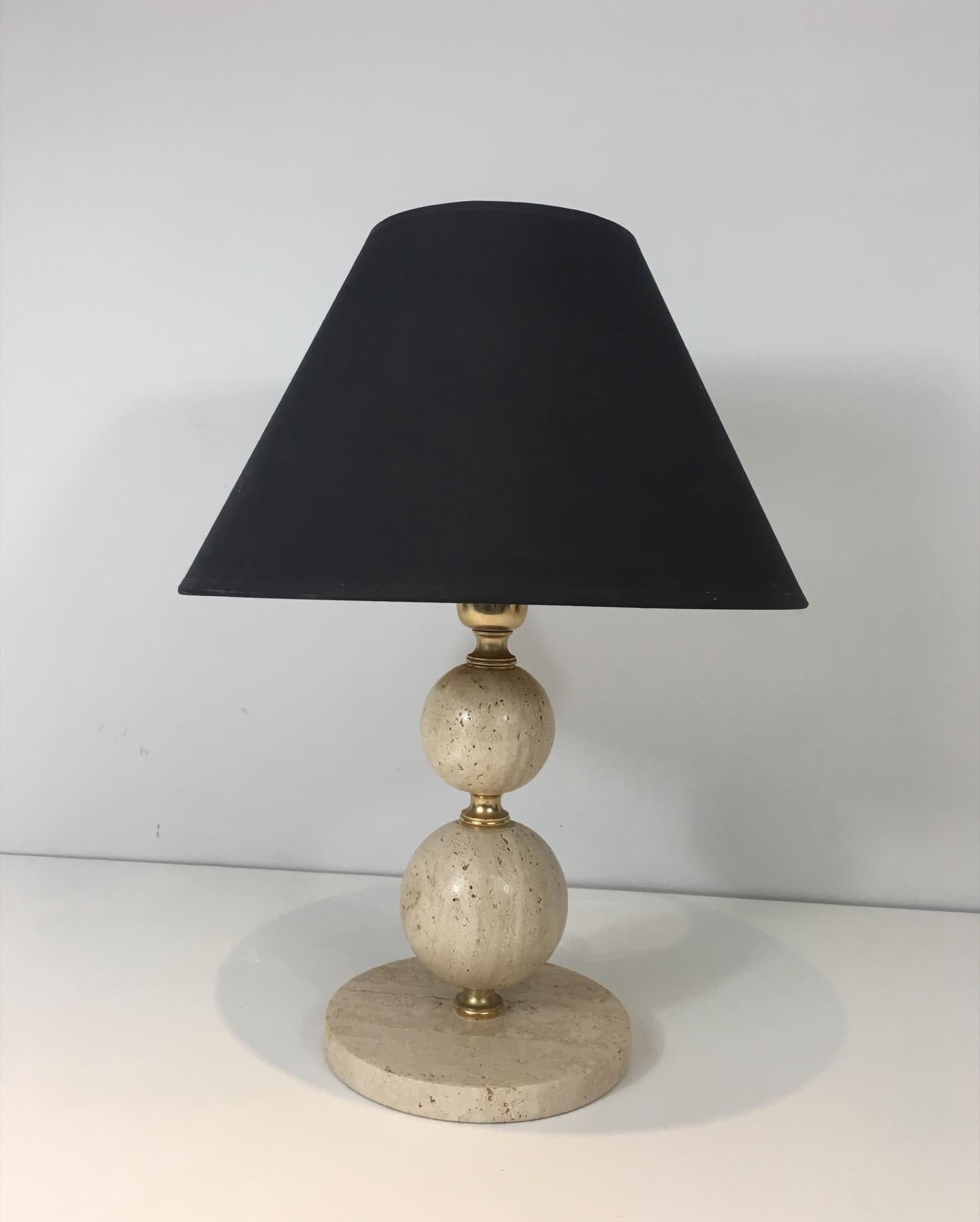 Travertine and Brass Table Lamp, Black Shintz Gilt Inside, French 10