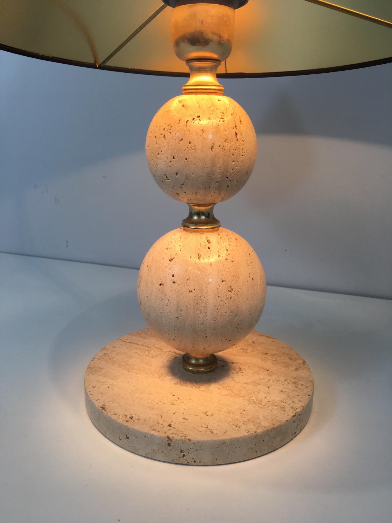 Travertine and Brass Table Lamp, Black Shintz Gilt Inside, French 11