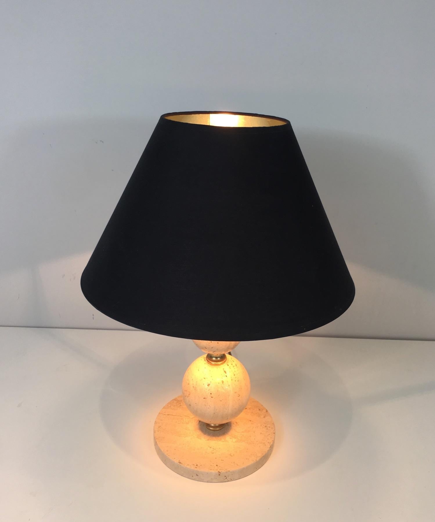 Travertine and Brass Table Lamp, Black Shintz Gilt Inside, French 13