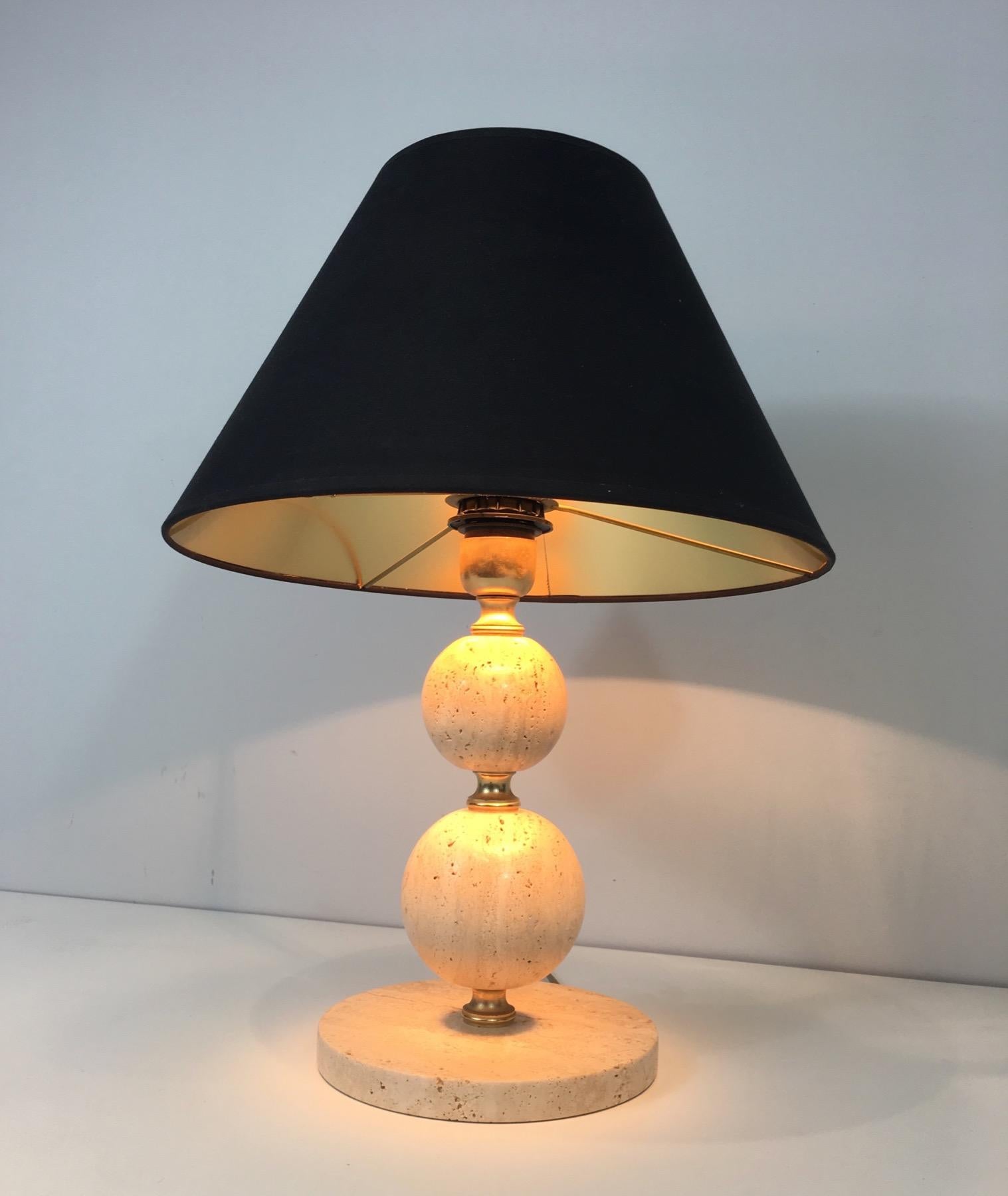 Travertine and Brass Table Lamp, Black Shintz Gilt Inside, French 14