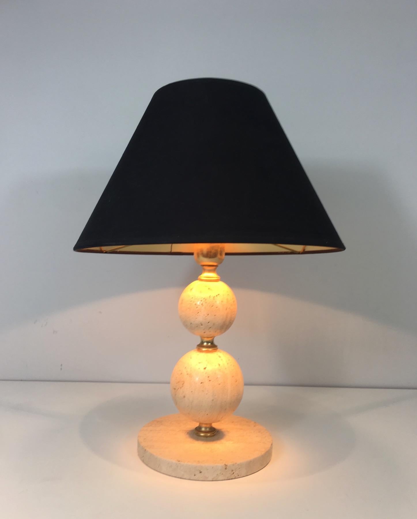 Travertine and Brass Table Lamp, Black Shintz Gilt Inside, French 15