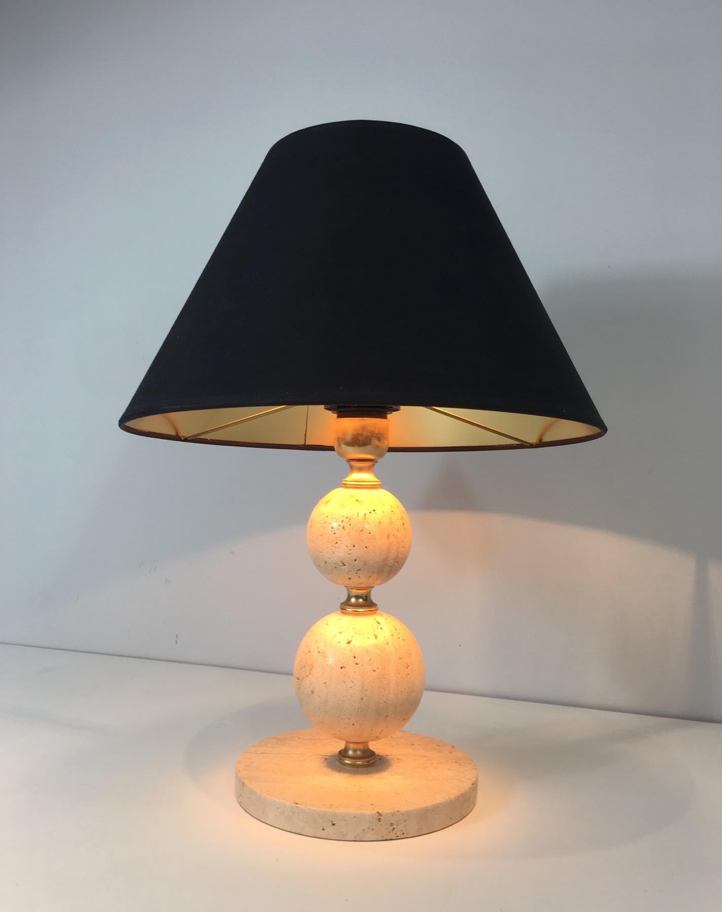 Mid-Century Modern Travertine and Brass Table Lamp, Black Shintz Gilt Inside, French