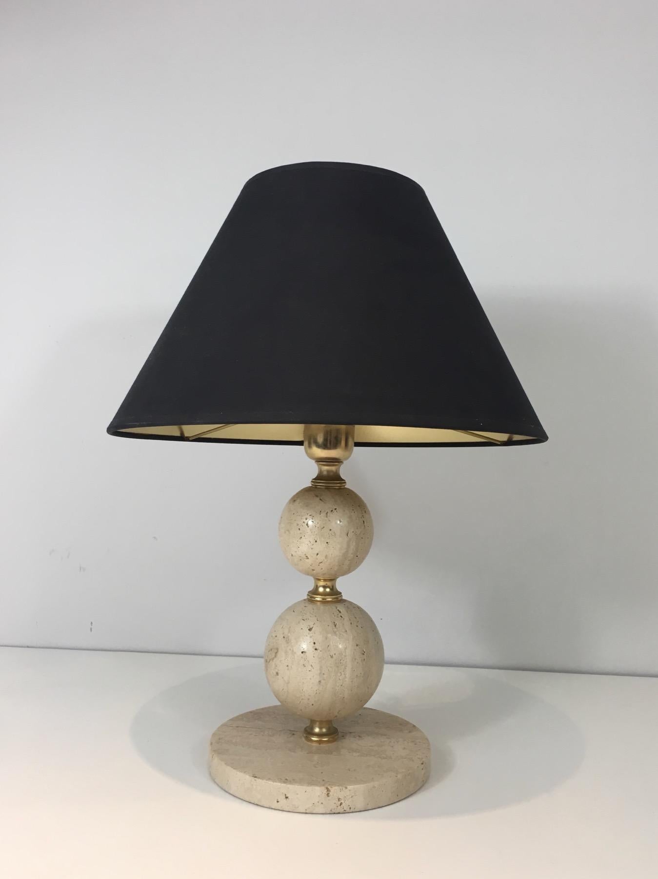 Late 20th Century Travertine and Brass Table Lamp, Black Shintz Gilt Inside, French
