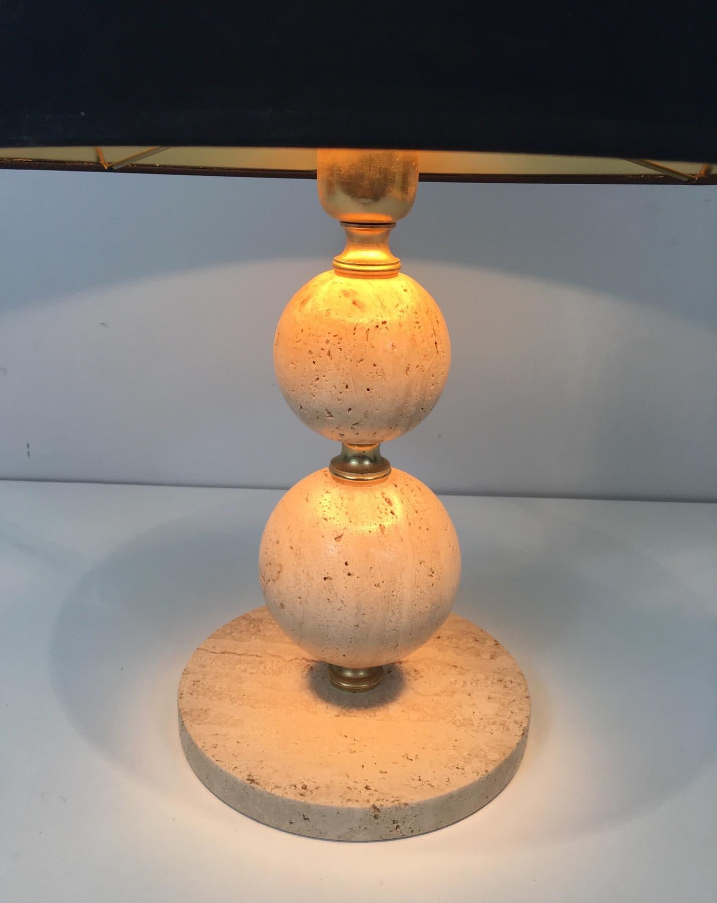 Travertine and Brass Table Lamp, Black Shintz Gilt Inside, French 1