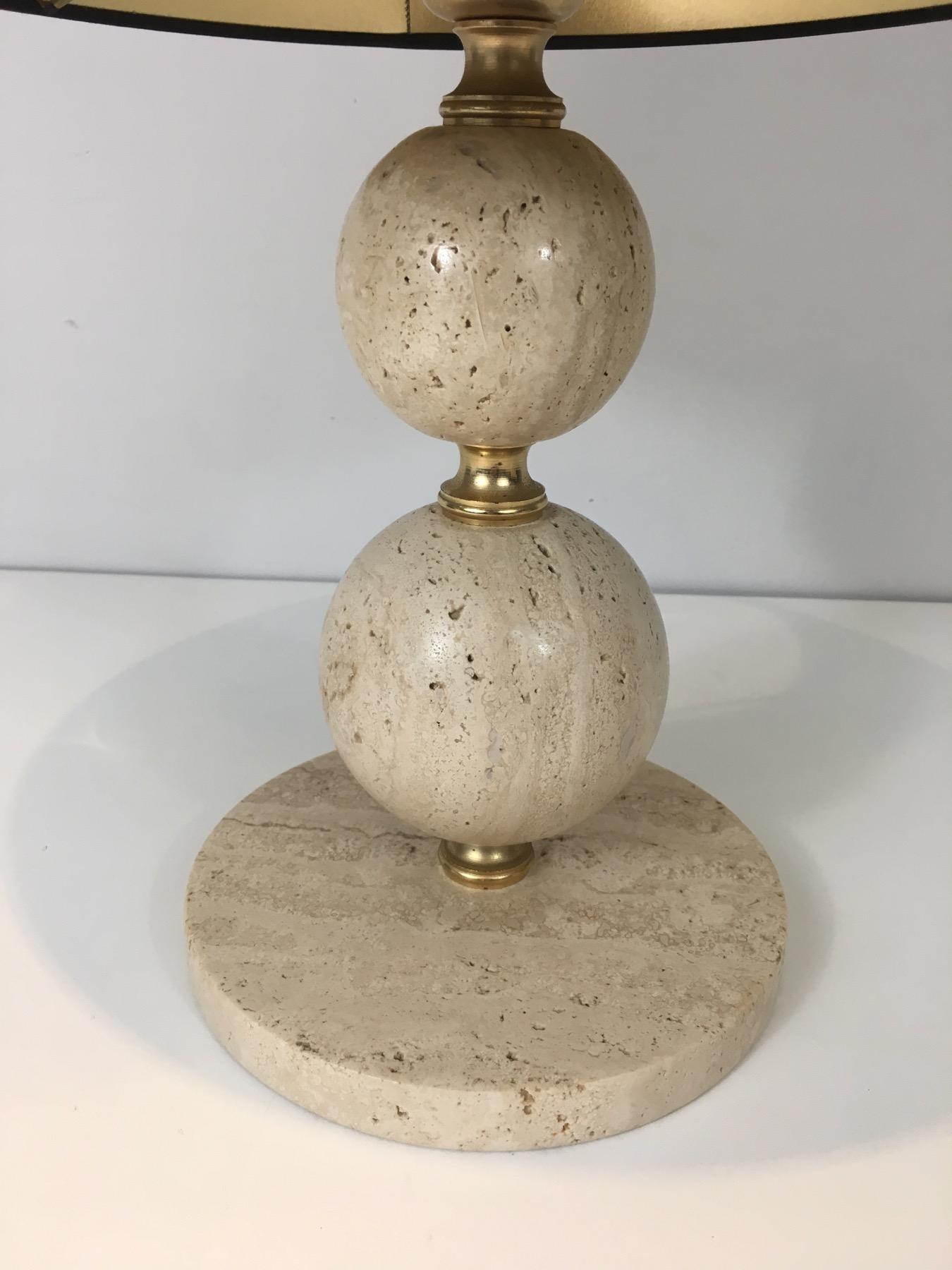 Travertine and Brass Table Lamp, Black Shintz Gilt Inside, French 3