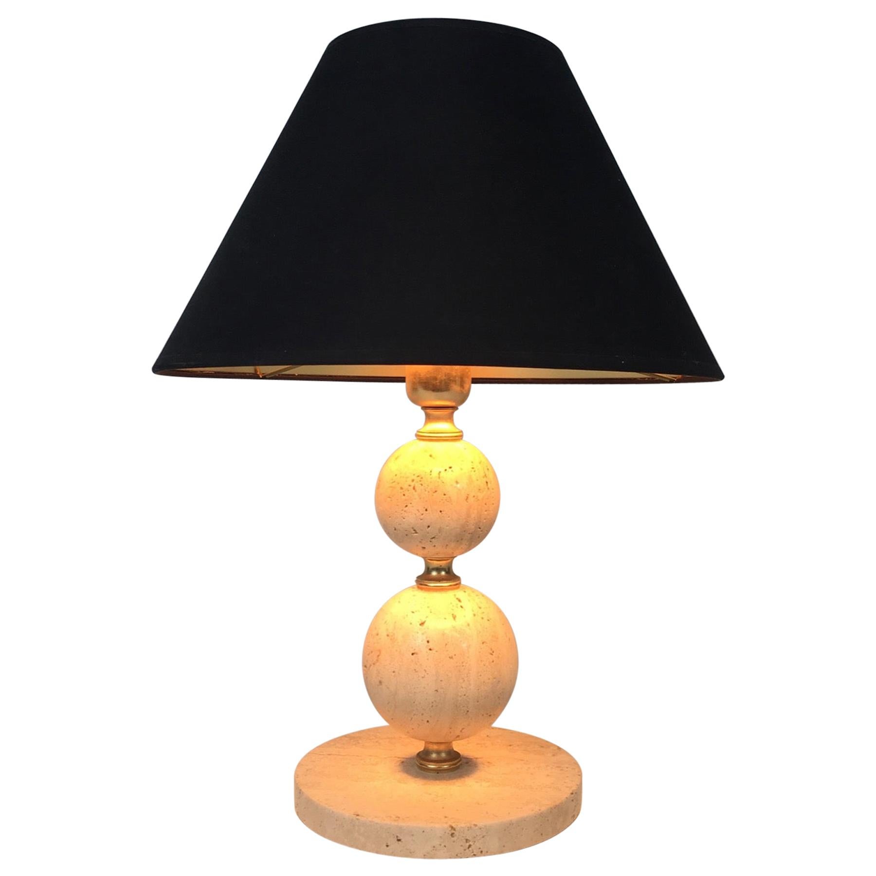 Travertine and Brass Table Lamp, Black Shintz Gilt Inside, French
