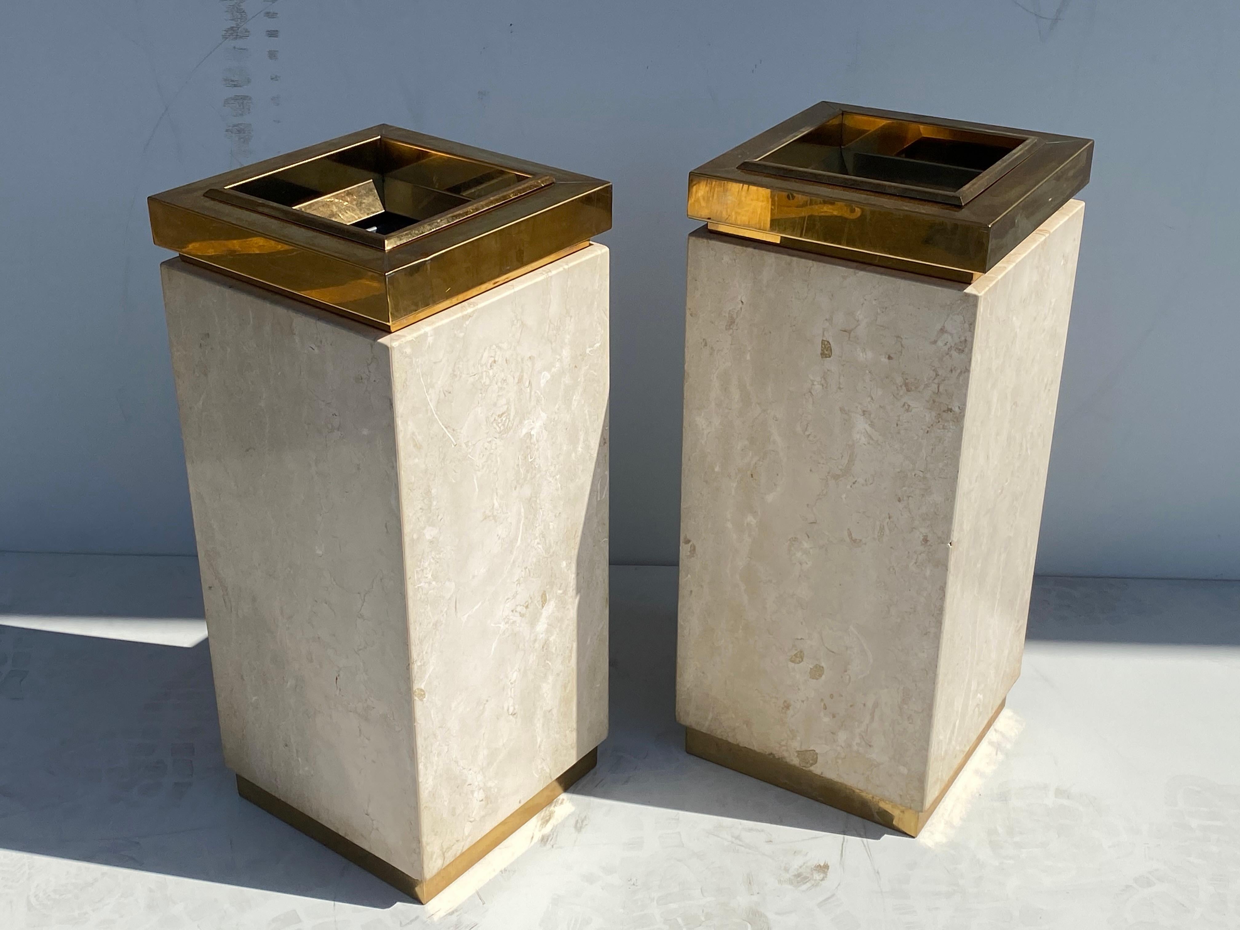 Travertine and Brass Trash Cans / Planters 3