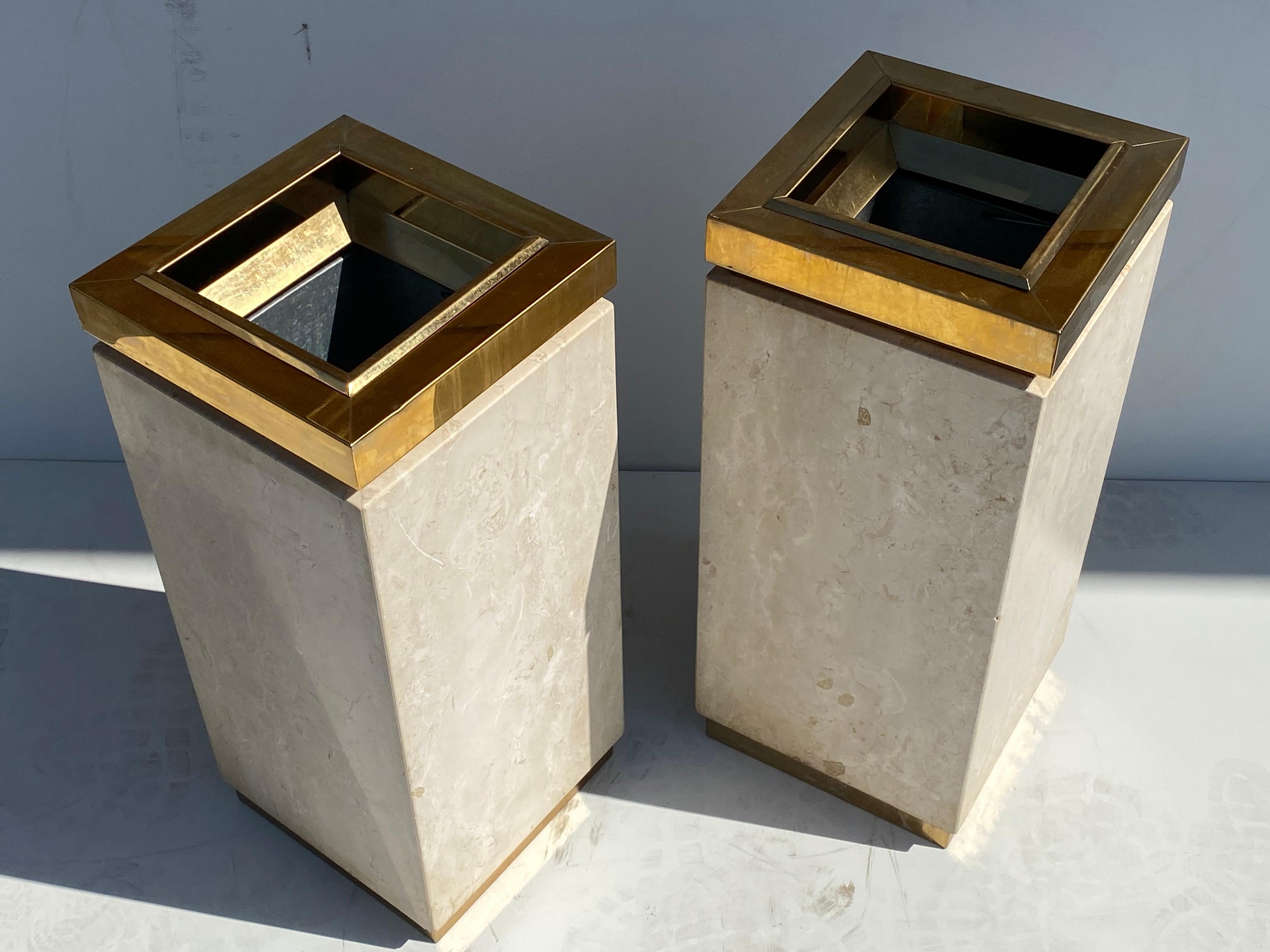 Travertine and Brass Trash Cans / Planters 4