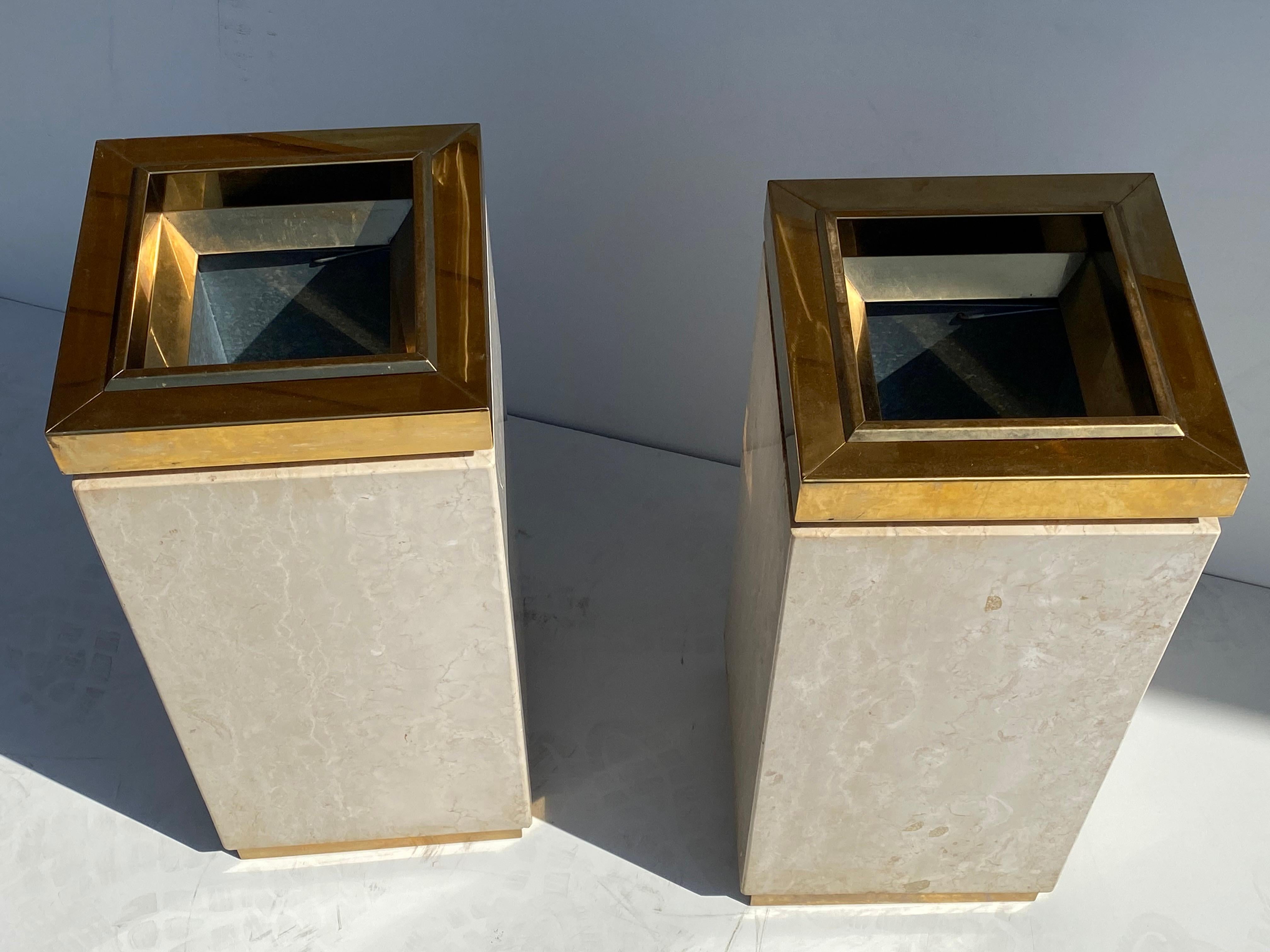 American Travertine and Brass Trash Cans / Planters