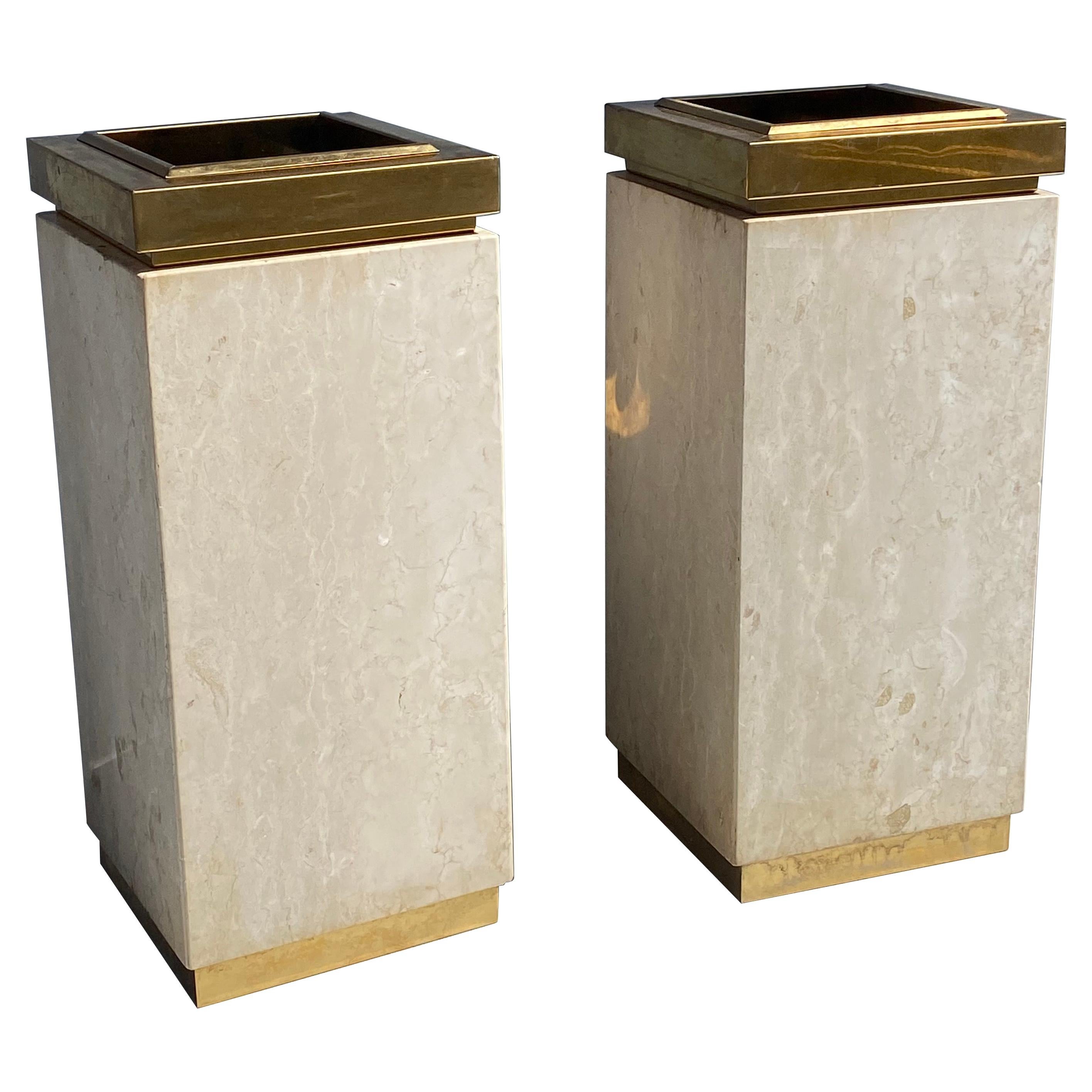 Travertine and Brass Trash Cans / Planters