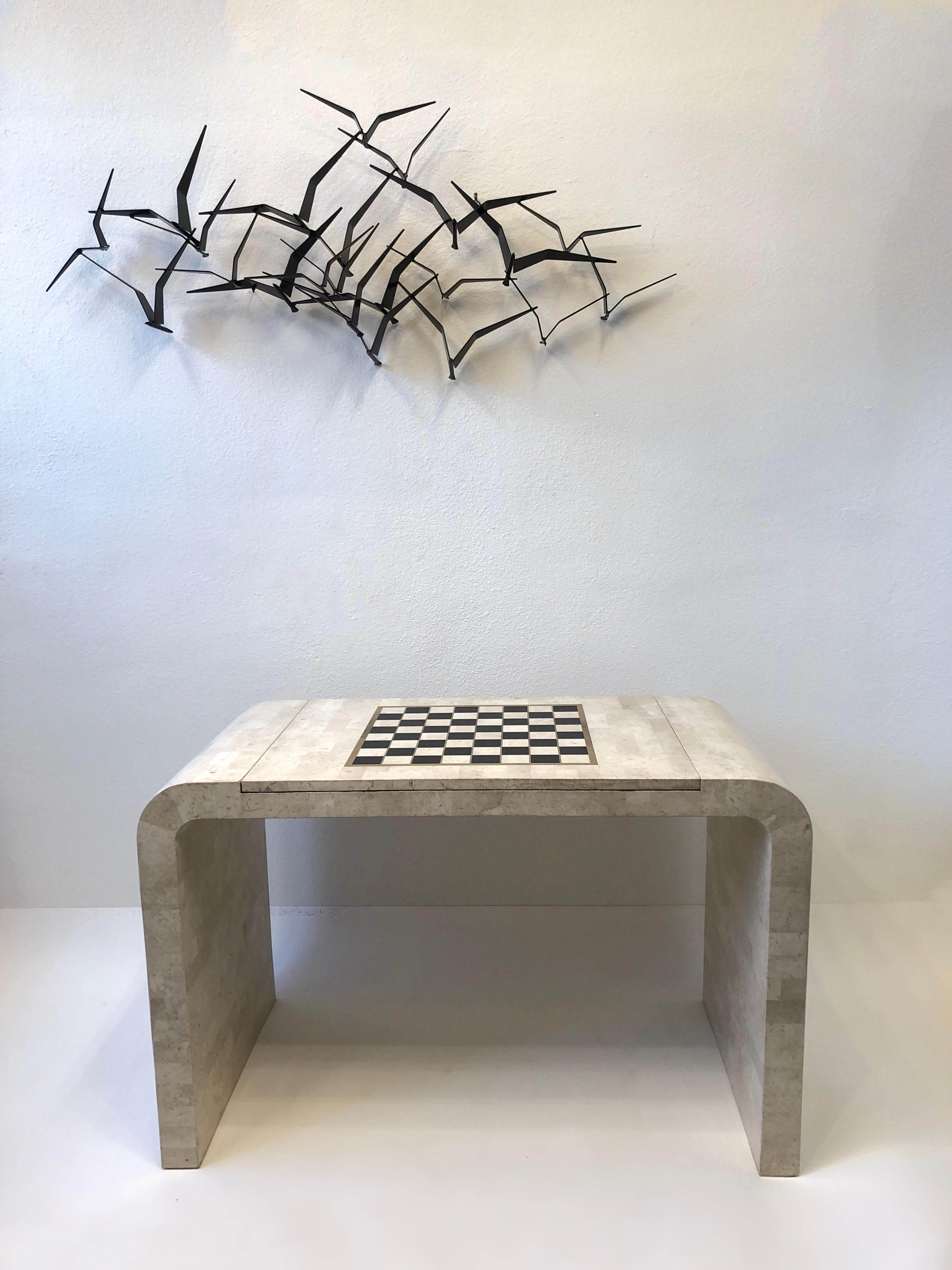 Travertine and Brass Waterfall Game Table by Maitland Smith 5