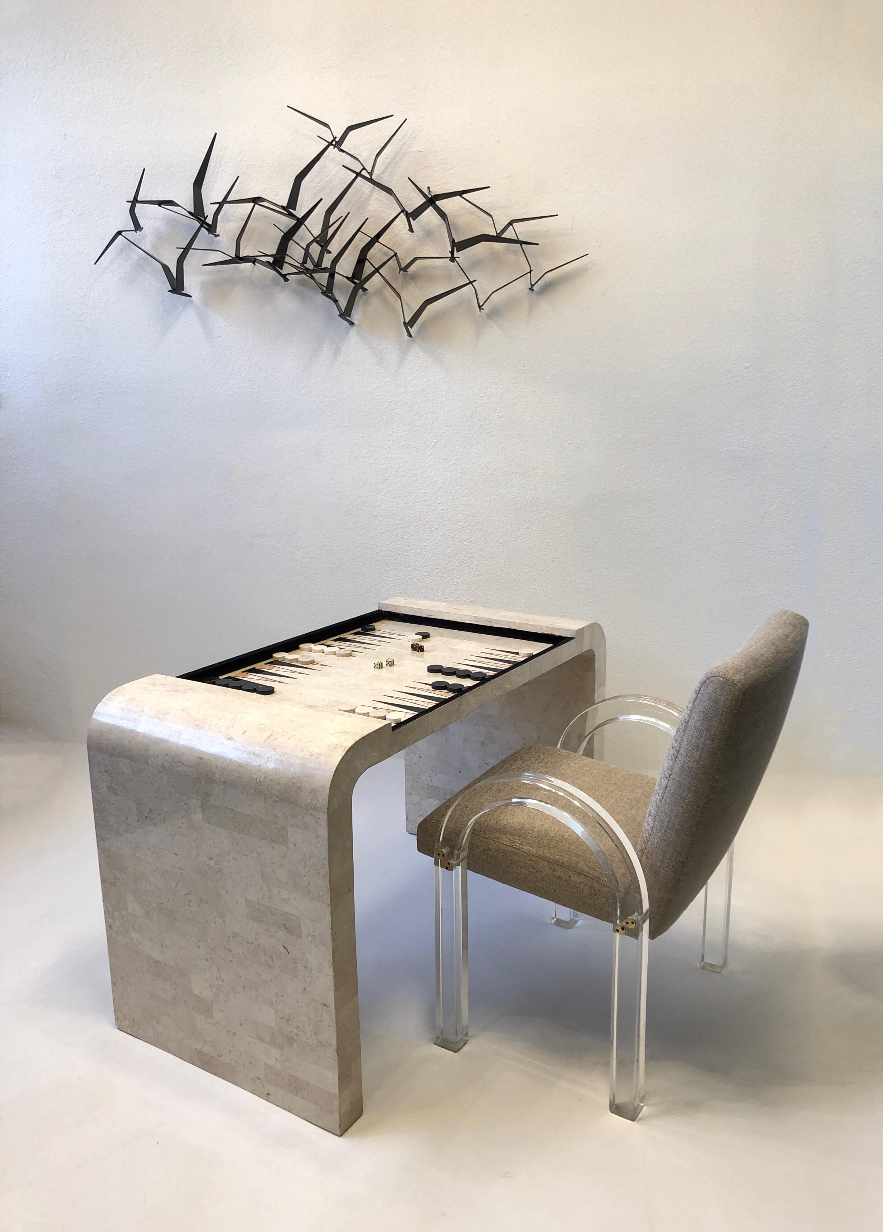 Travertine and Brass Waterfall Game Table by Maitland Smith 6