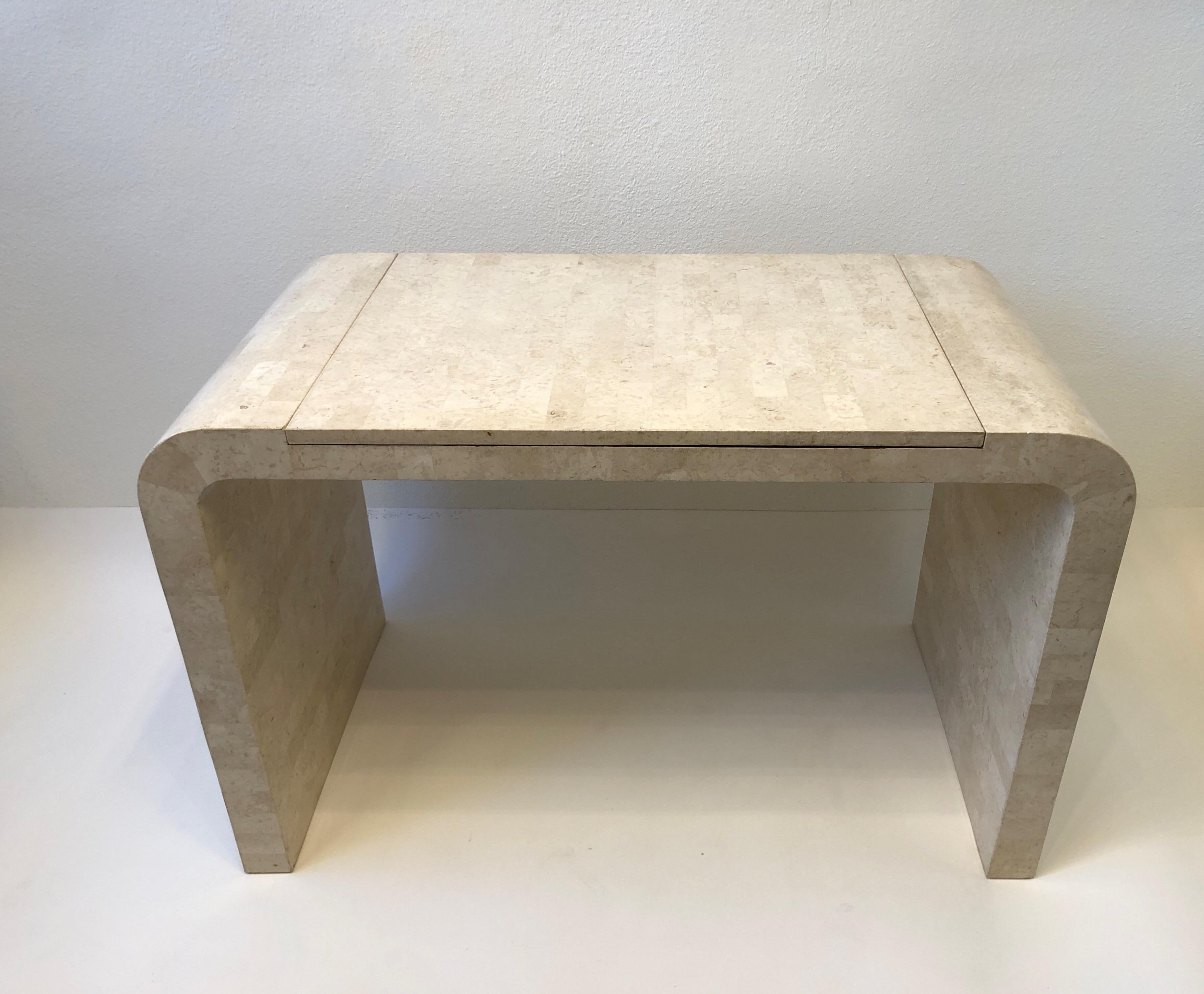 Modern Travertine and Brass Waterfall Game Table by Maitland Smith