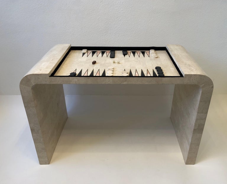 American Travertine and Brass Waterfall Game Table by Maitland Smith 