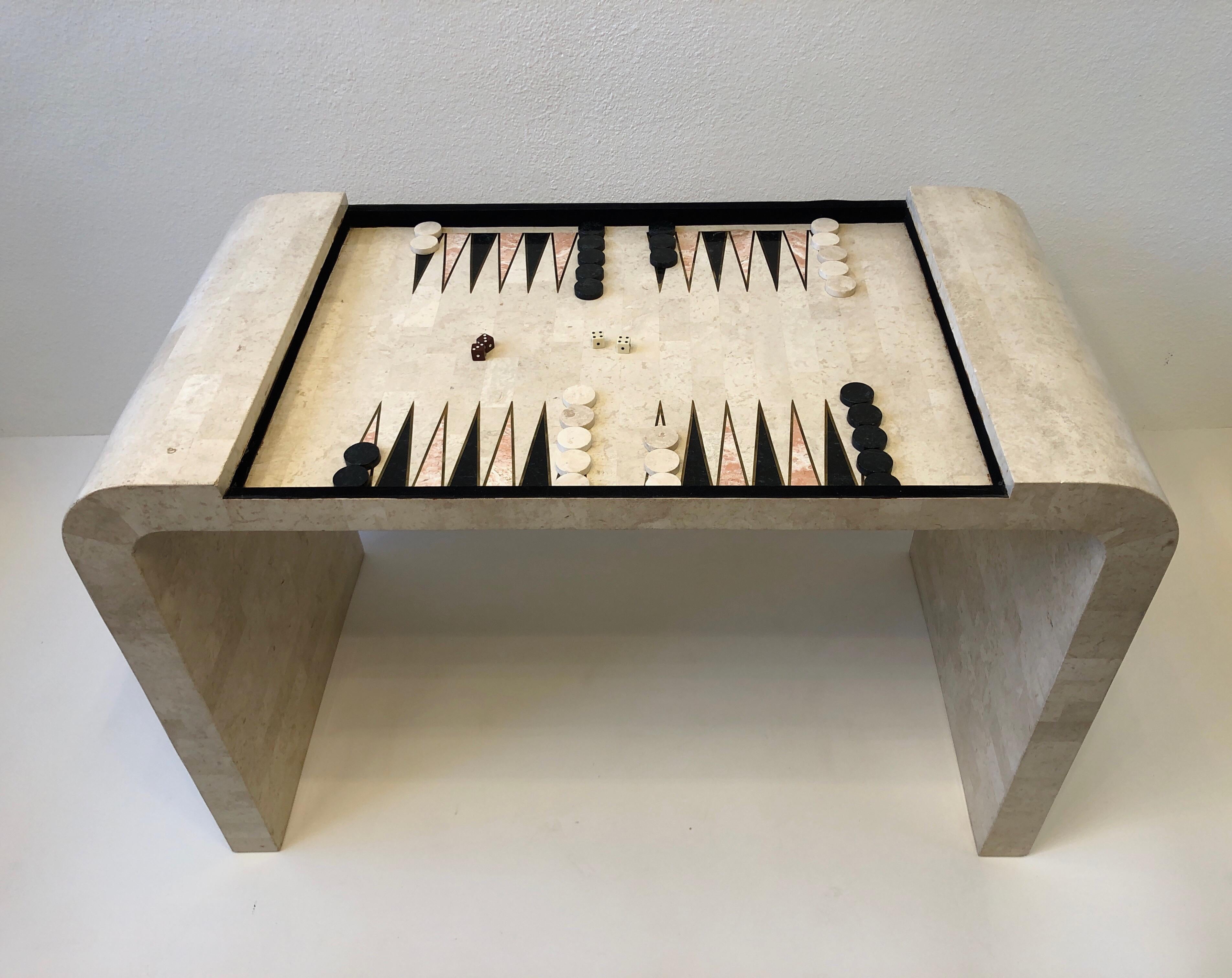 Travertine and Brass Waterfall Game Table by Maitland Smith In Good Condition In Palm Springs, CA