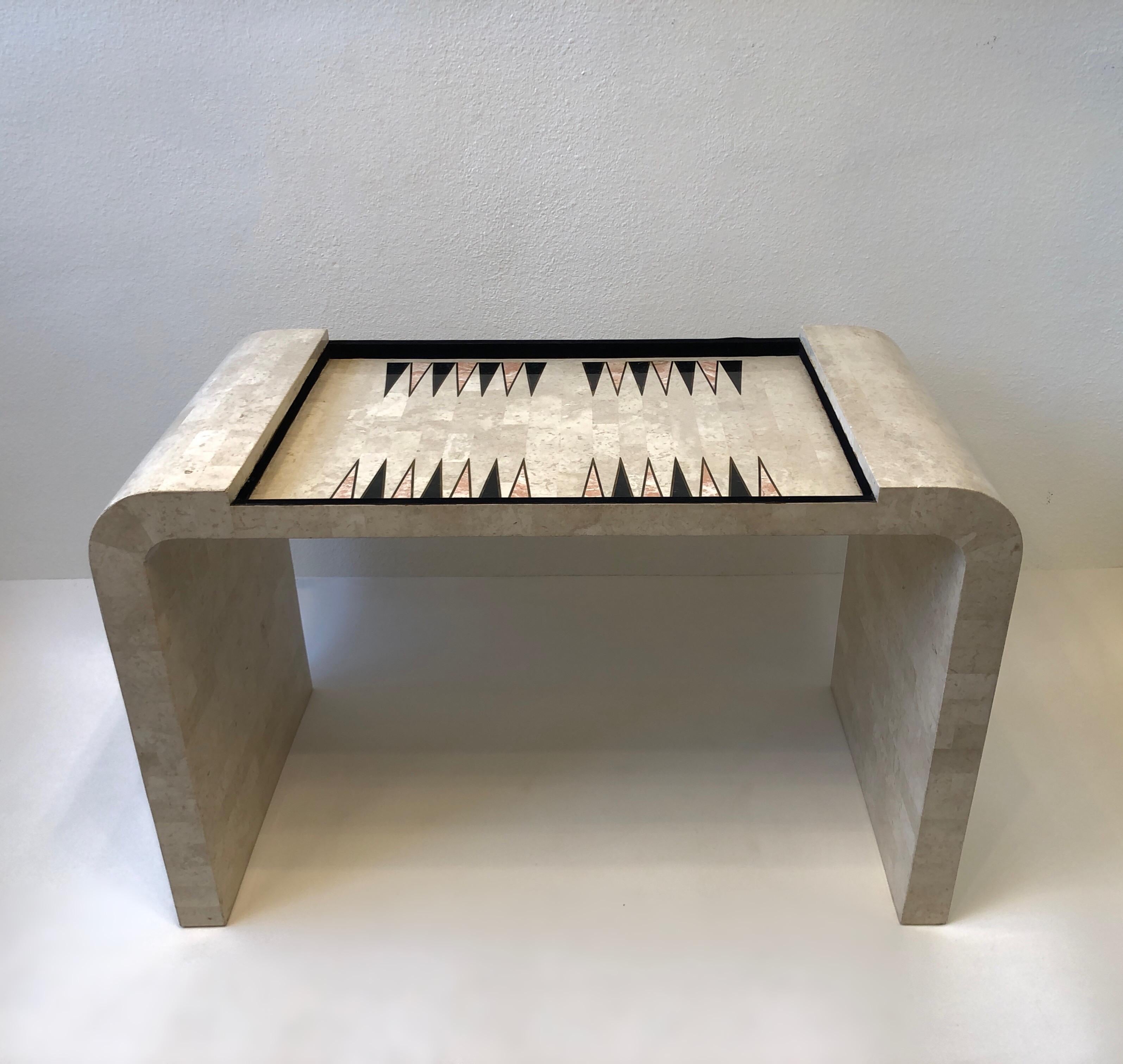 Late 20th Century Travertine and Brass Waterfall Game Table by Maitland Smith