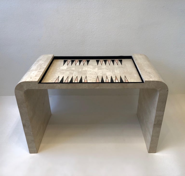 Late 20th Century Travertine and Brass Waterfall Game Table by Maitland Smith 