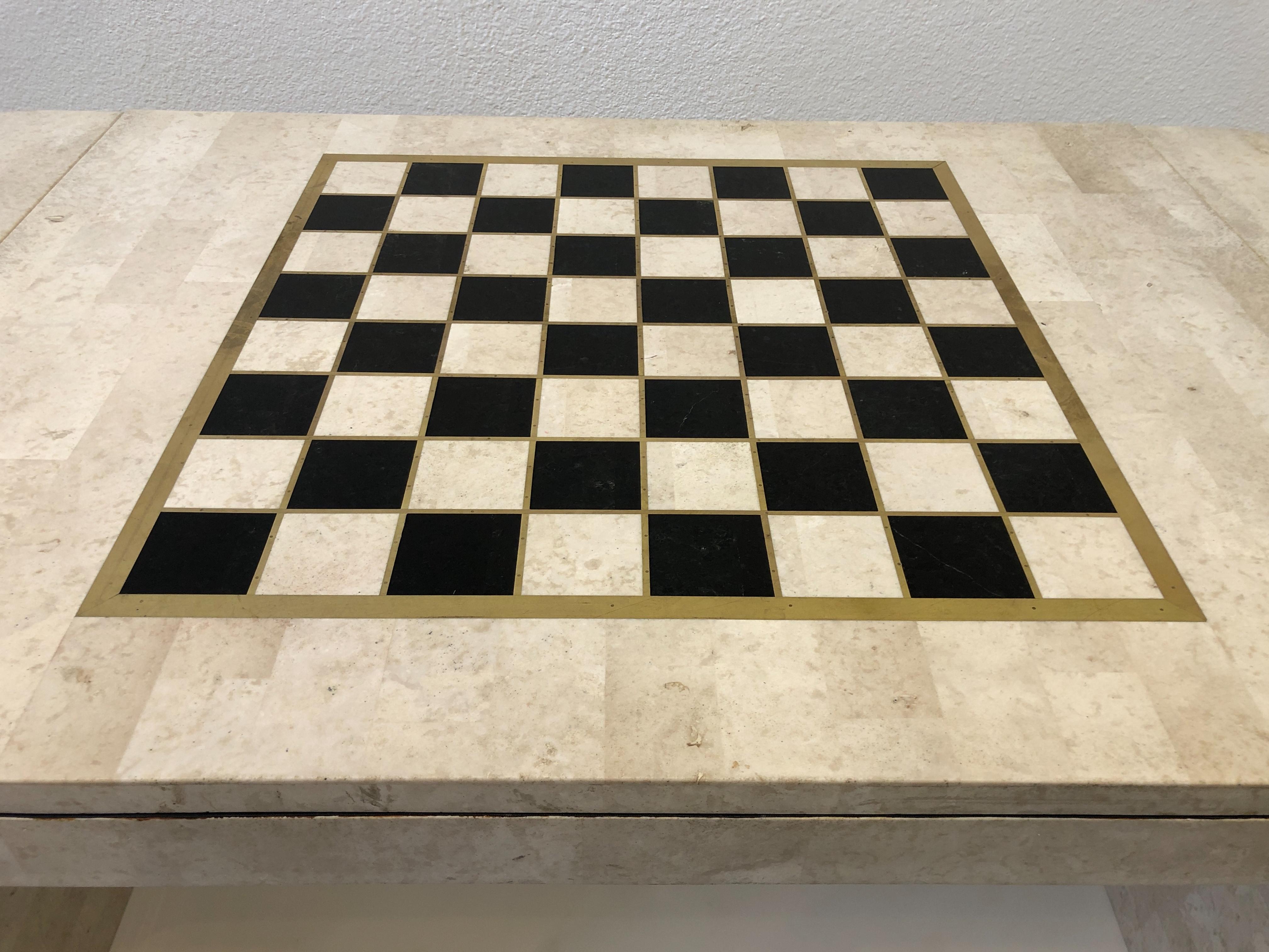 Travertine and Brass Waterfall Game Table by Maitland Smith 1