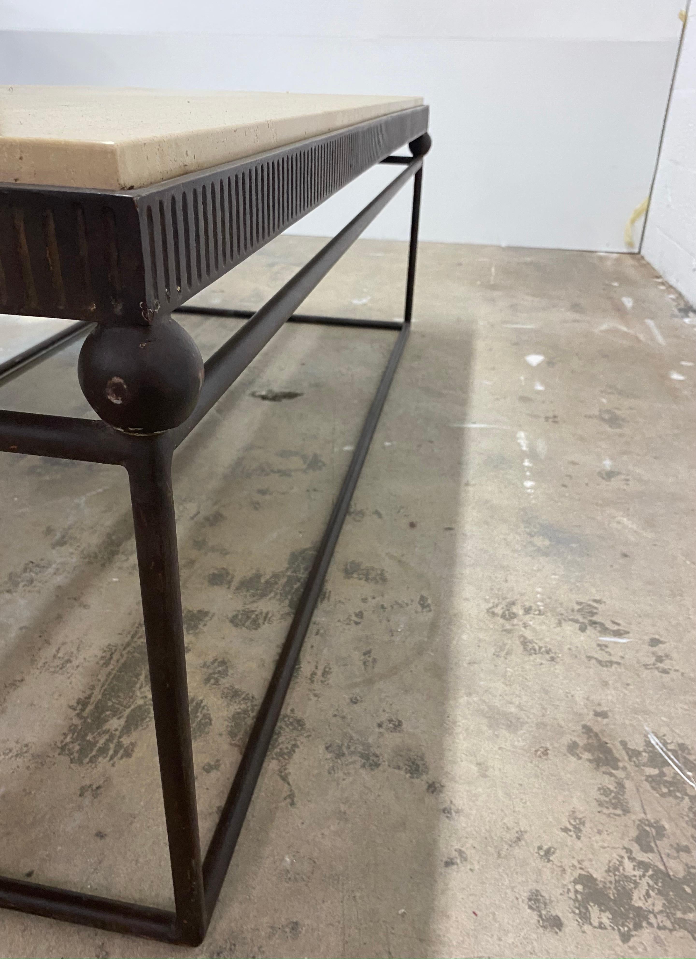 Travertine and Bronze Finish Over Iron Coffee or Cocktail Table by Formations In Good Condition In Miami, FL