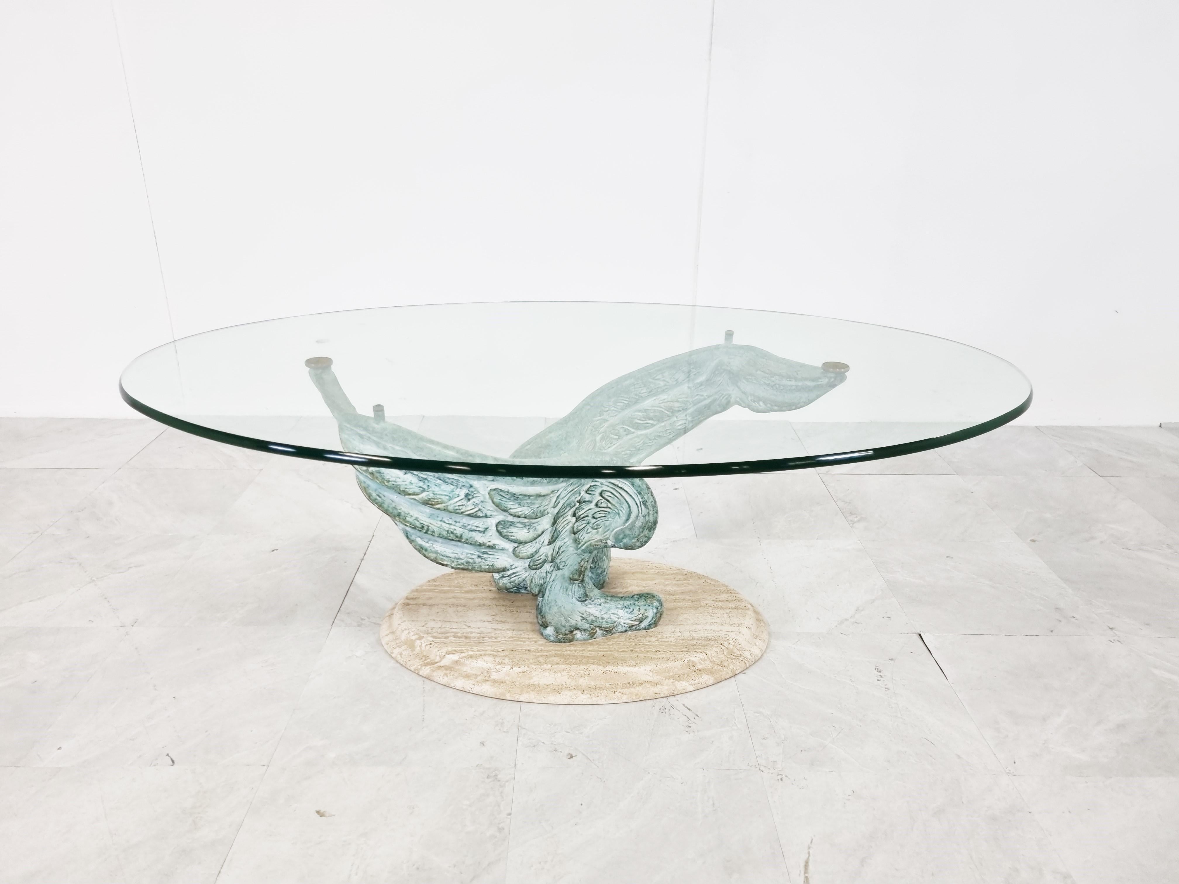 Hollywood Regency Travertine and Bronzed Coffee Table, 1980s For Sale