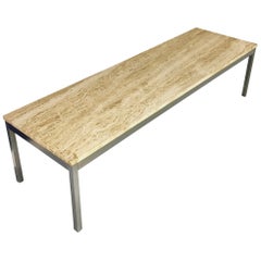Travertine and Brushed Aluminum Coffee Table in the Style of Knoll Midcentury