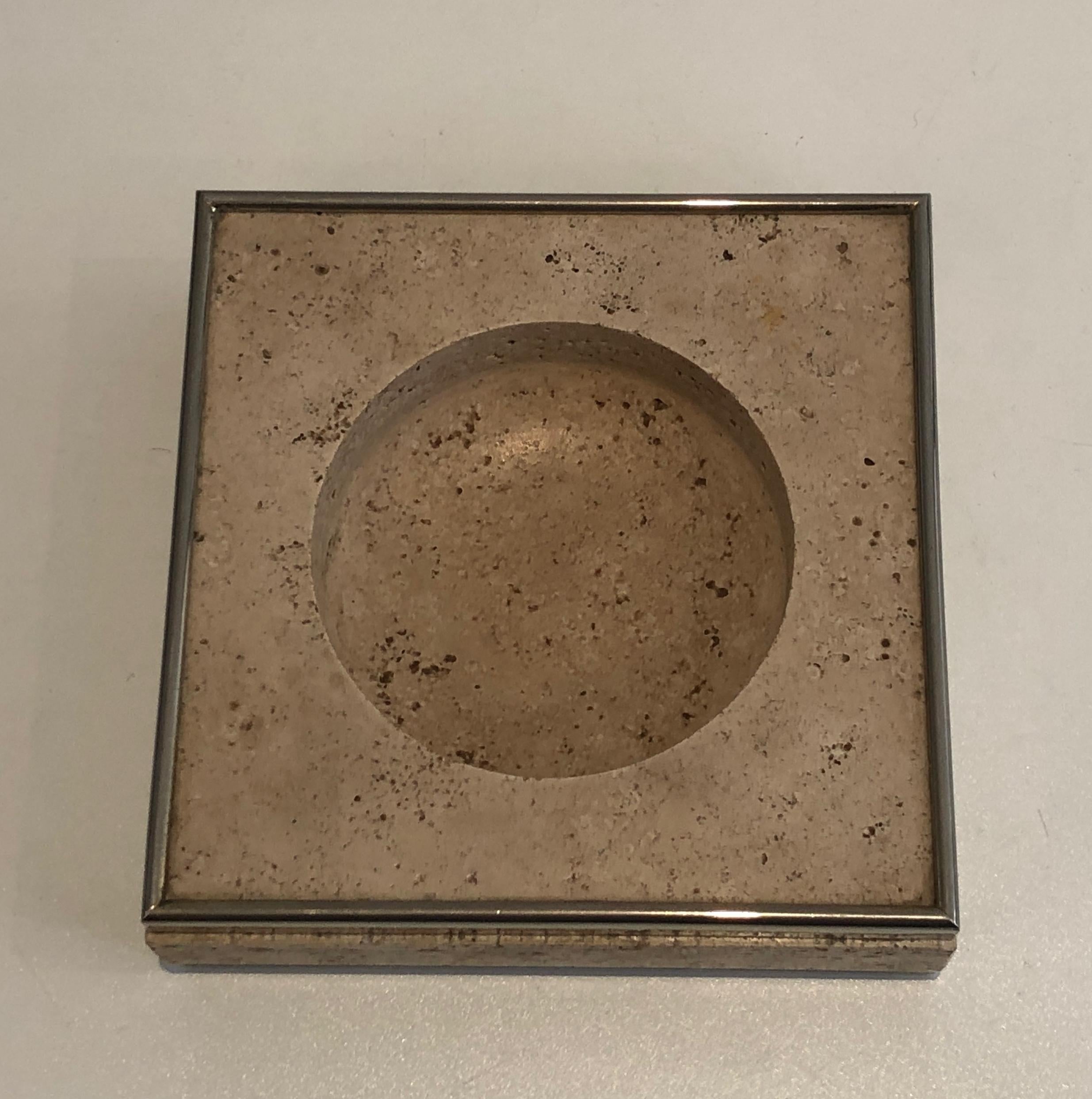 Mid-Century Modern Travertine and Chrome Vide-Poche in the Style of Willy Rizzo For Sale