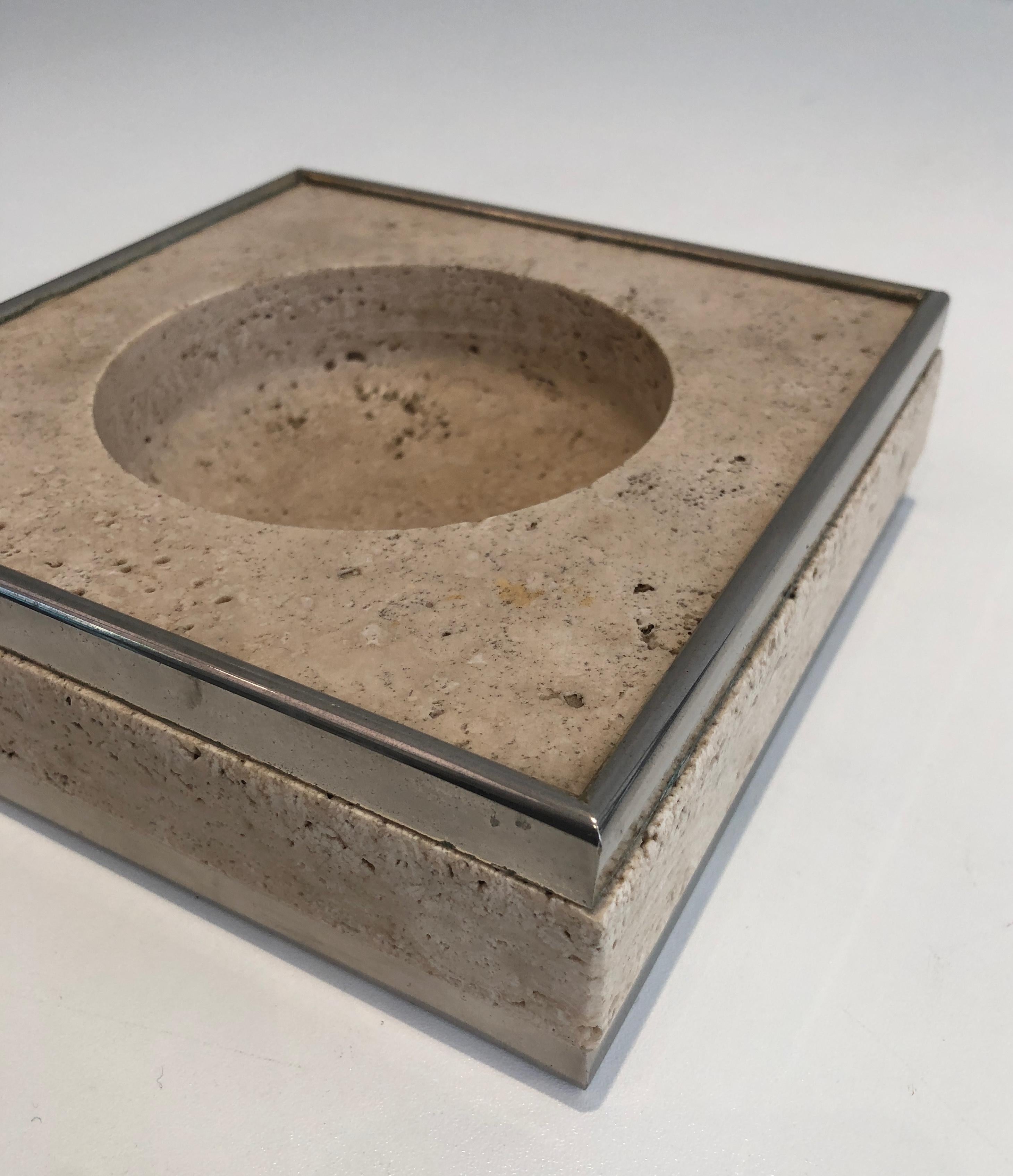 Late 20th Century Travertine and Chrome Vide-Poche in the Style of Willy Rizzo For Sale
