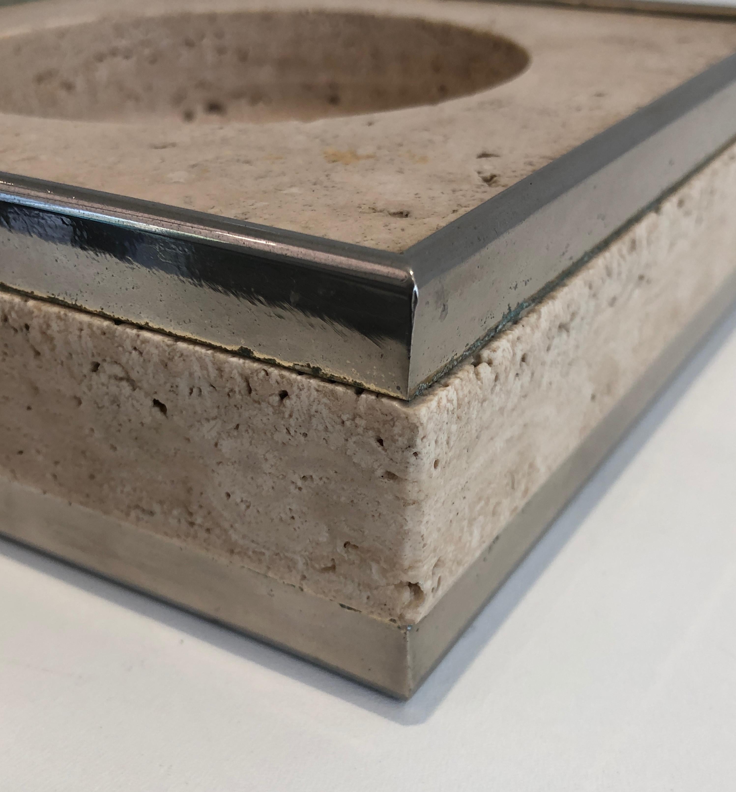 Travertine and Chrome Vide-Poche in the Style of Willy Rizzo For Sale 1