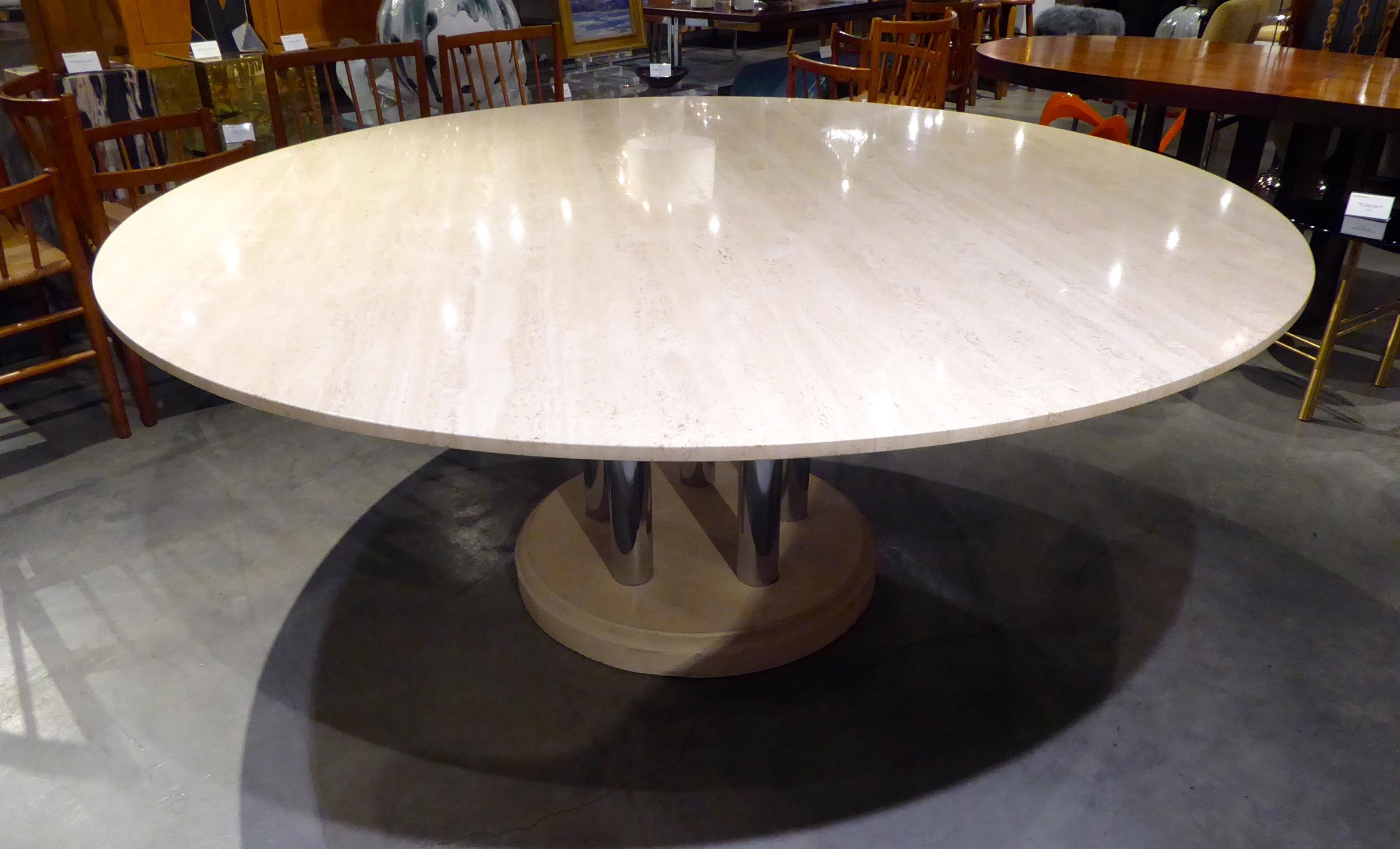 Travertine and Chromed Metal Dining Table by Pace Collection In Excellent Condition In Palm Springs, CA