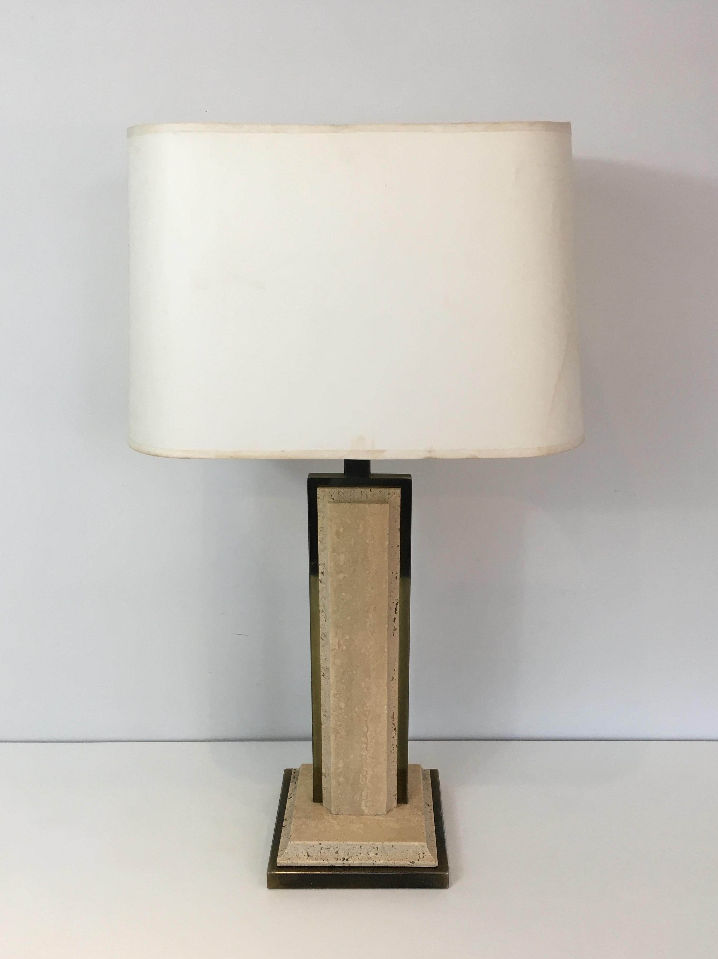 Travertine and Gilt Metal Table Lamp For Sale 7