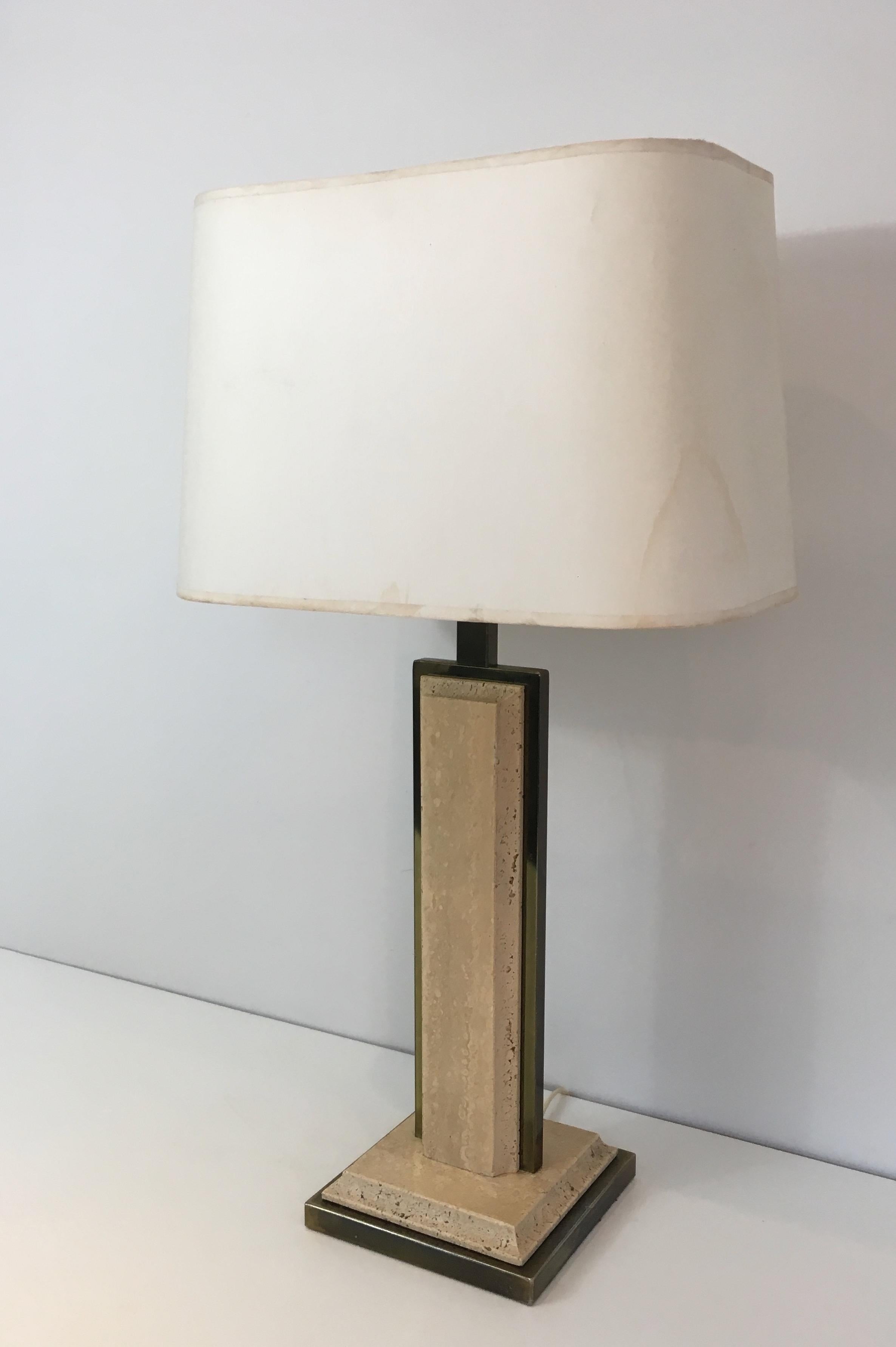 Travertine and Gilt Metal Table Lamp For Sale 8