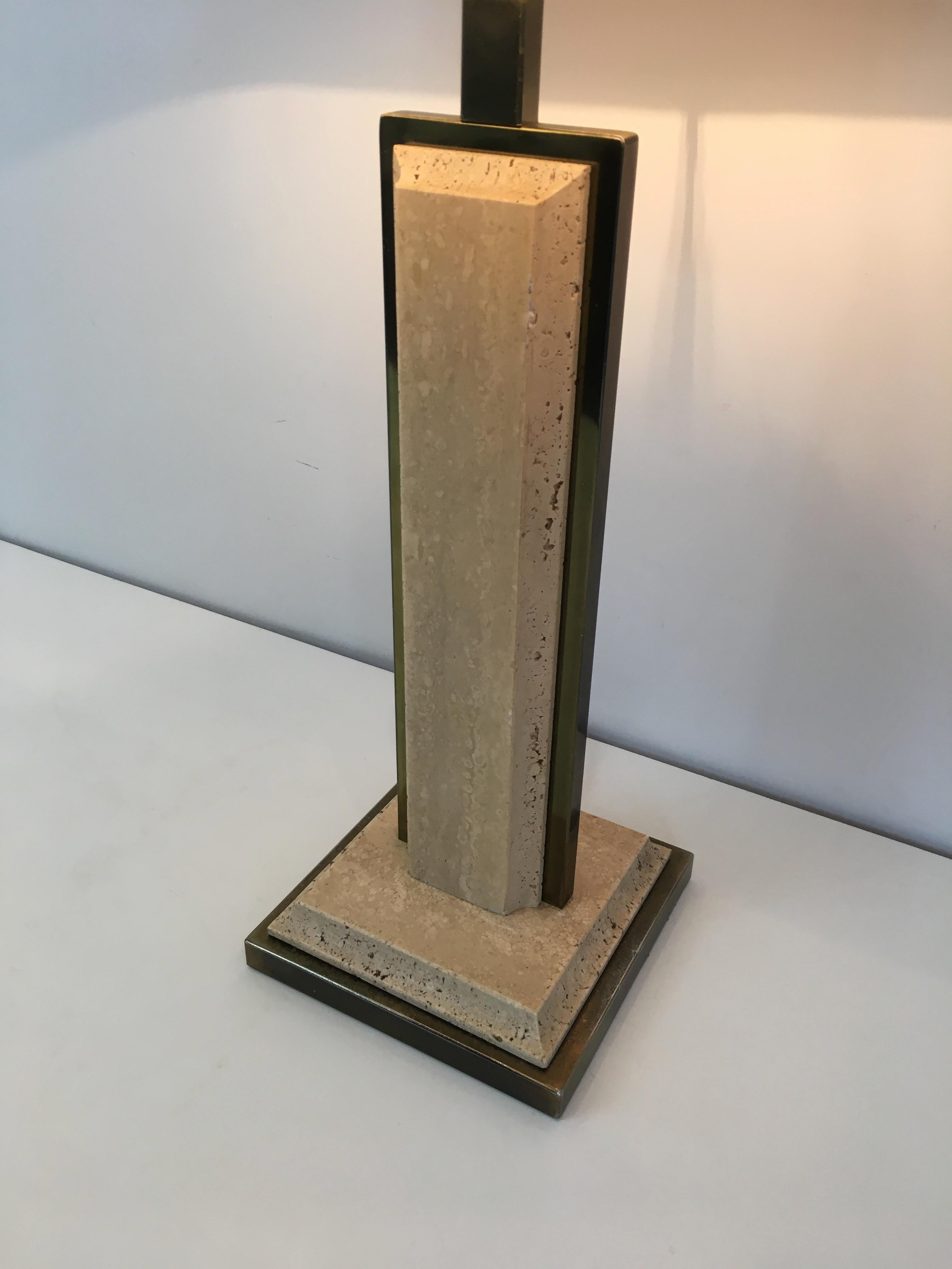 Mid-Century Modern Travertine and Gilt Metal Table Lamp For Sale