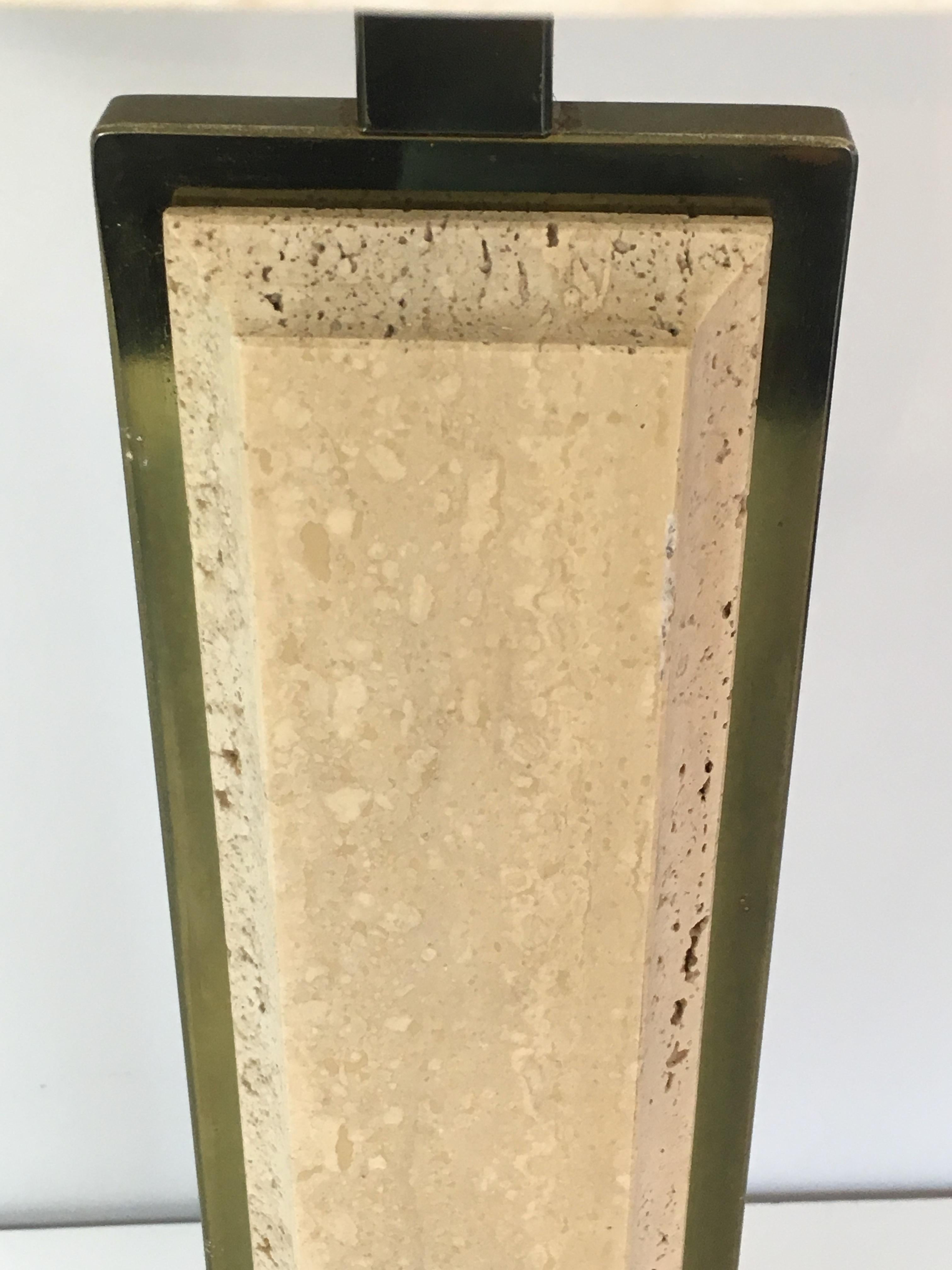 Brass Travertine and Gilt Metal Table Lamp For Sale