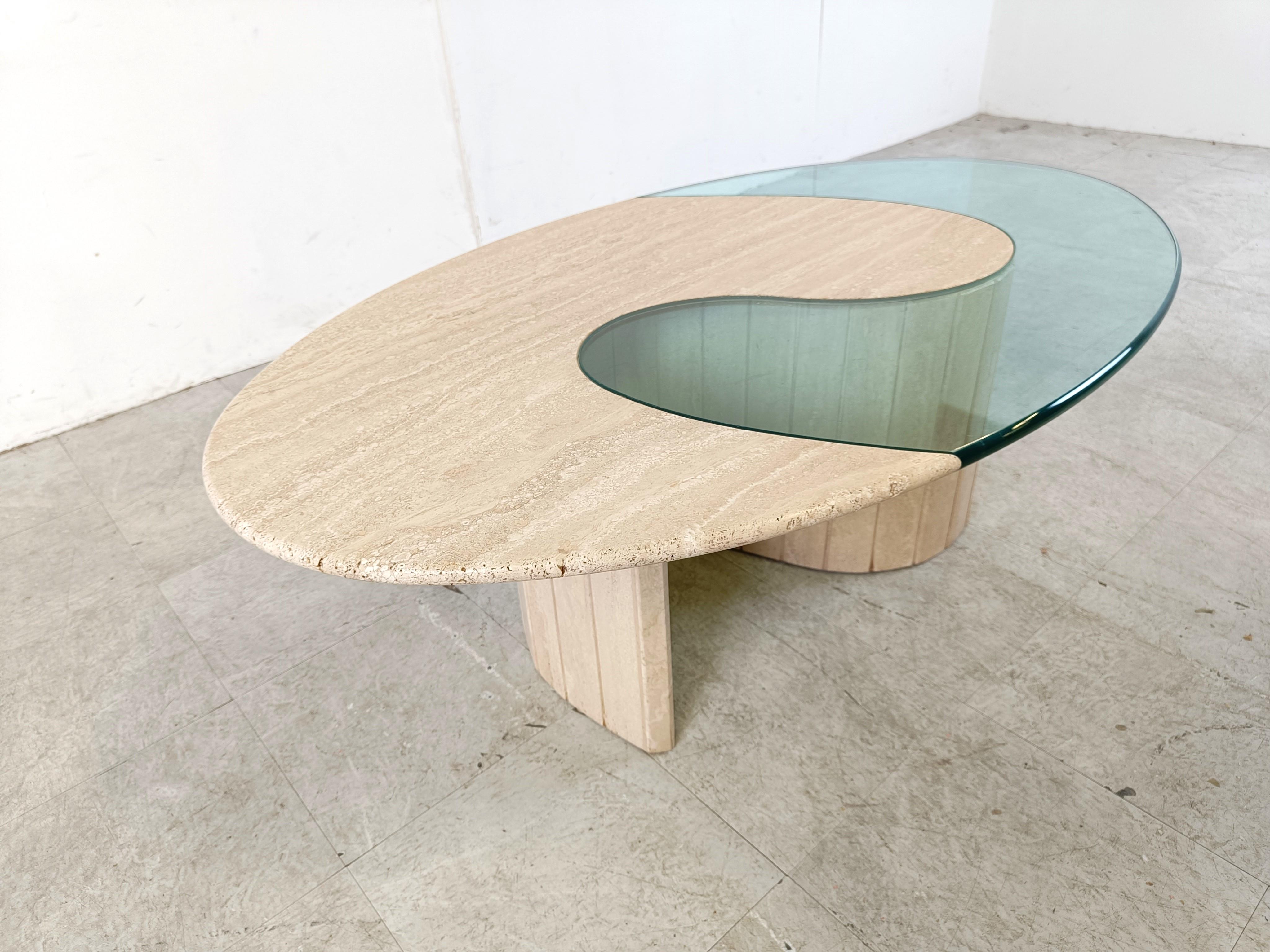 Late 20th Century Travertine  and glass Coffee Table 1970s For Sale
