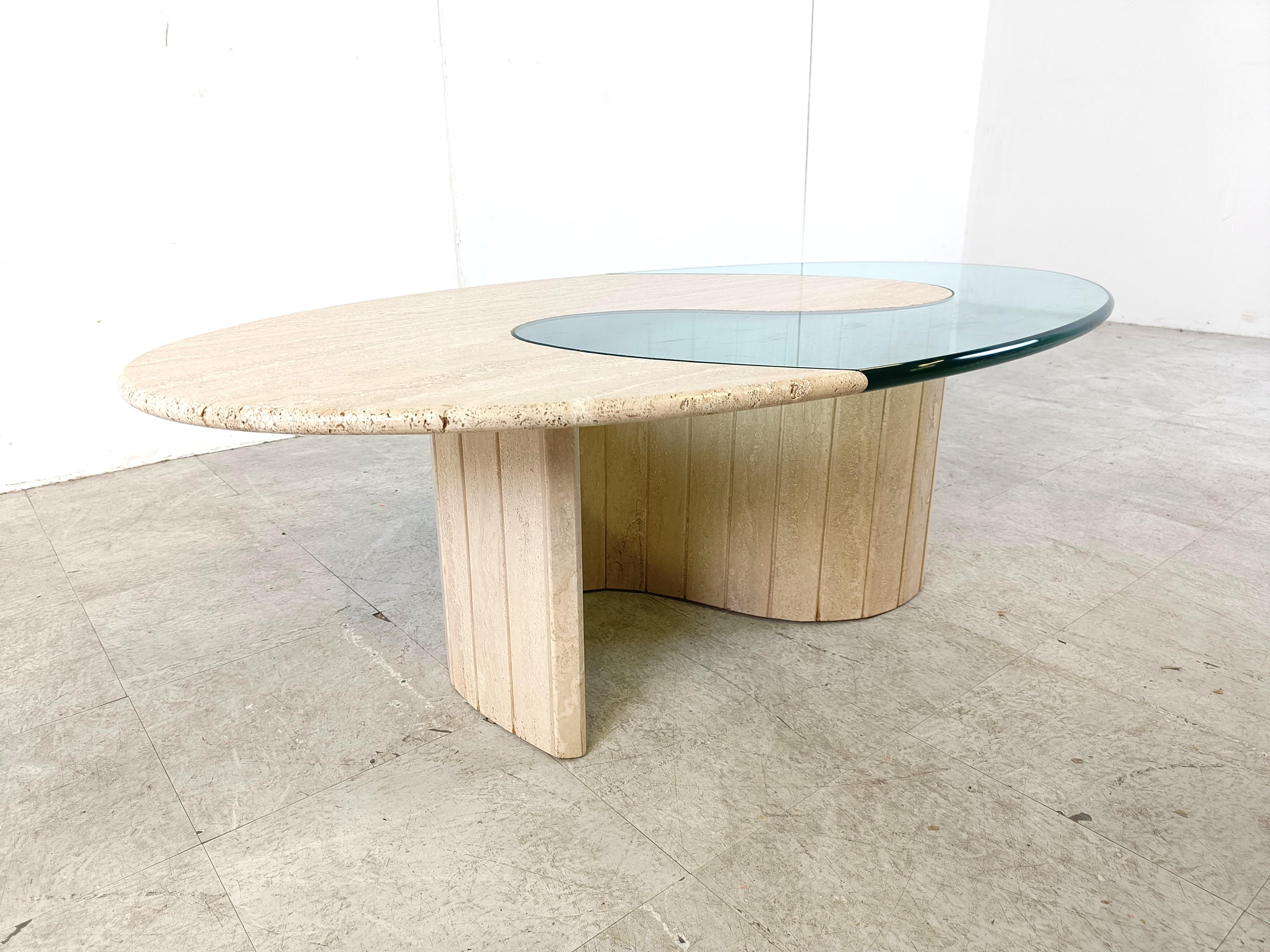 Glass Travertine  and glass Coffee Table 1970s For Sale