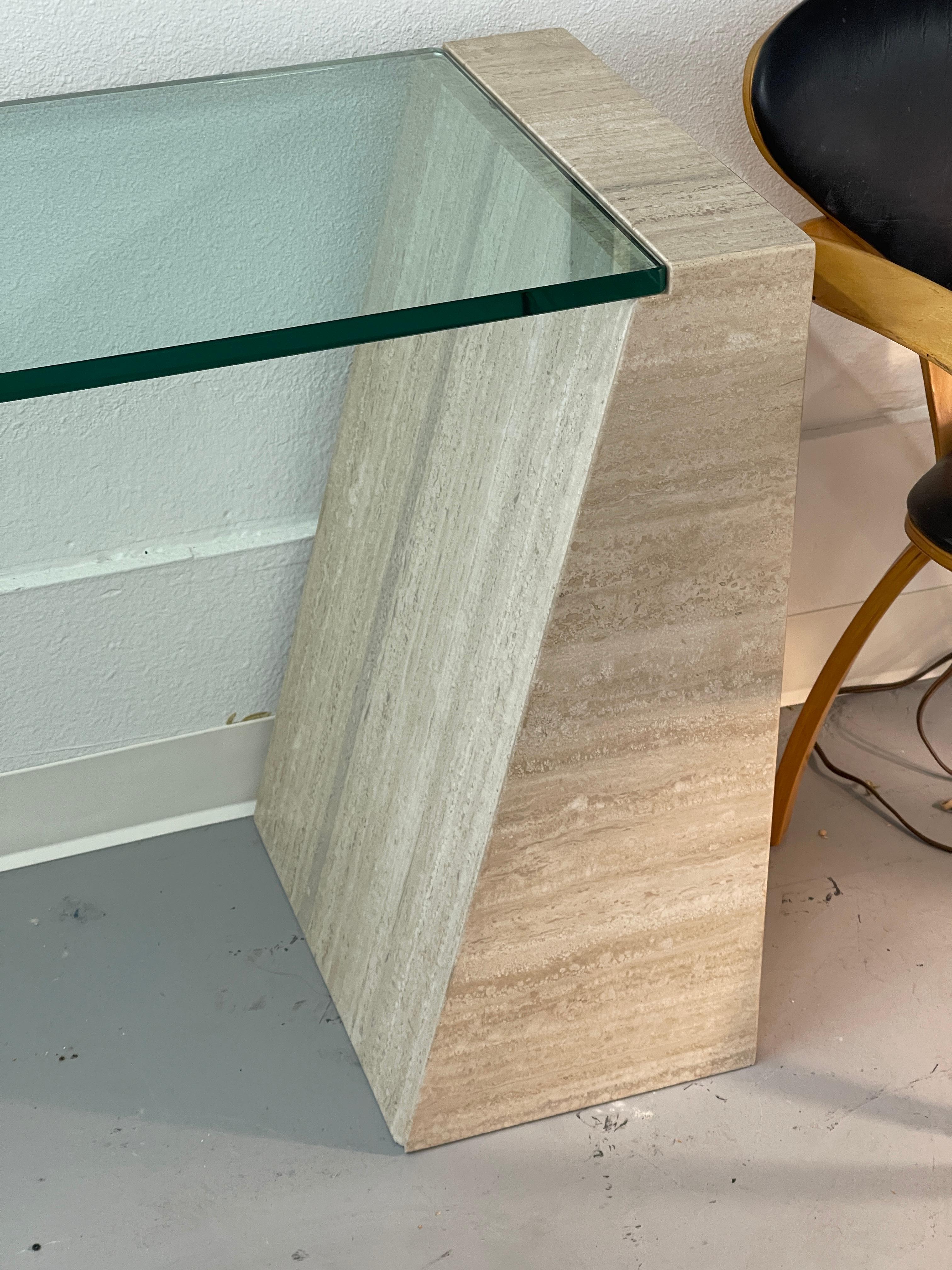 Hand-Crafted Travertine and Glass Console Table For Sale