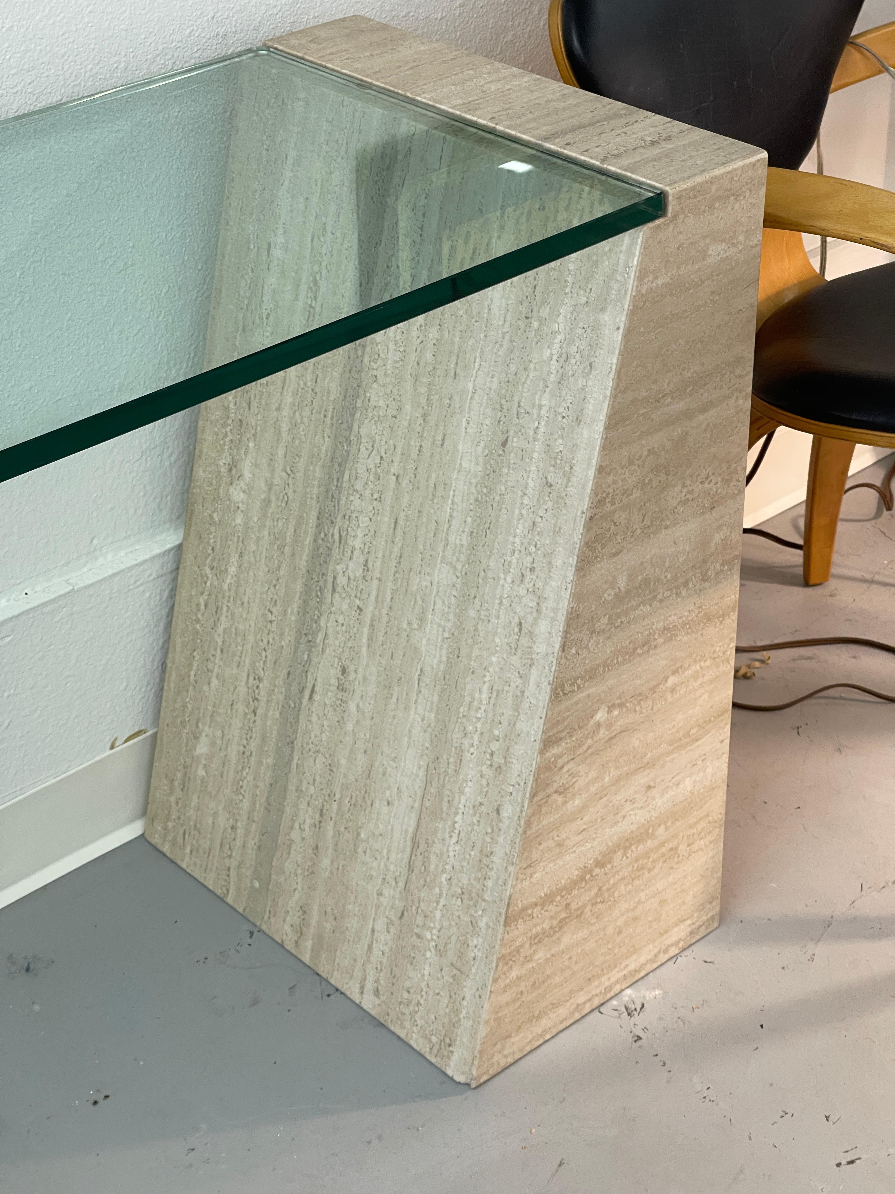 Late 20th Century Travertine and Glass Console Table For Sale