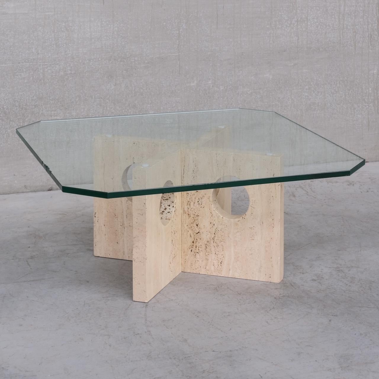 Mid-Century Modern Travertine and Glass Mid-Century Italian Coffee Table attr. to Up&Up