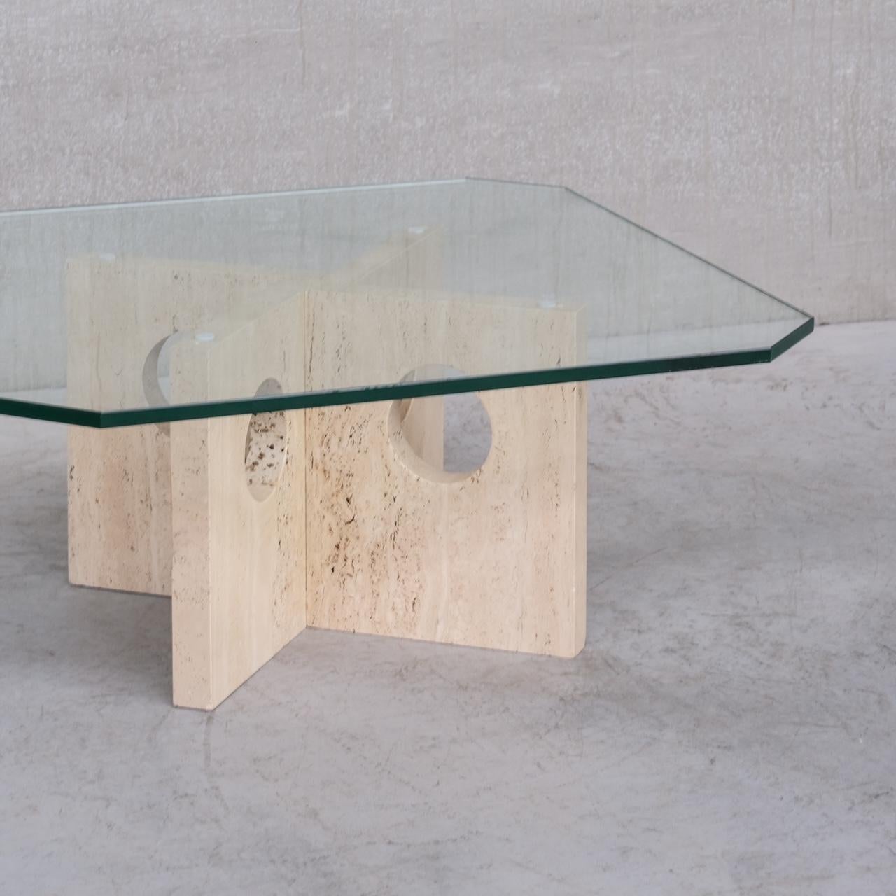 Travertine and Glass Mid-Century Italian Coffee Table attr. to Up&Up In Good Condition In London, GB