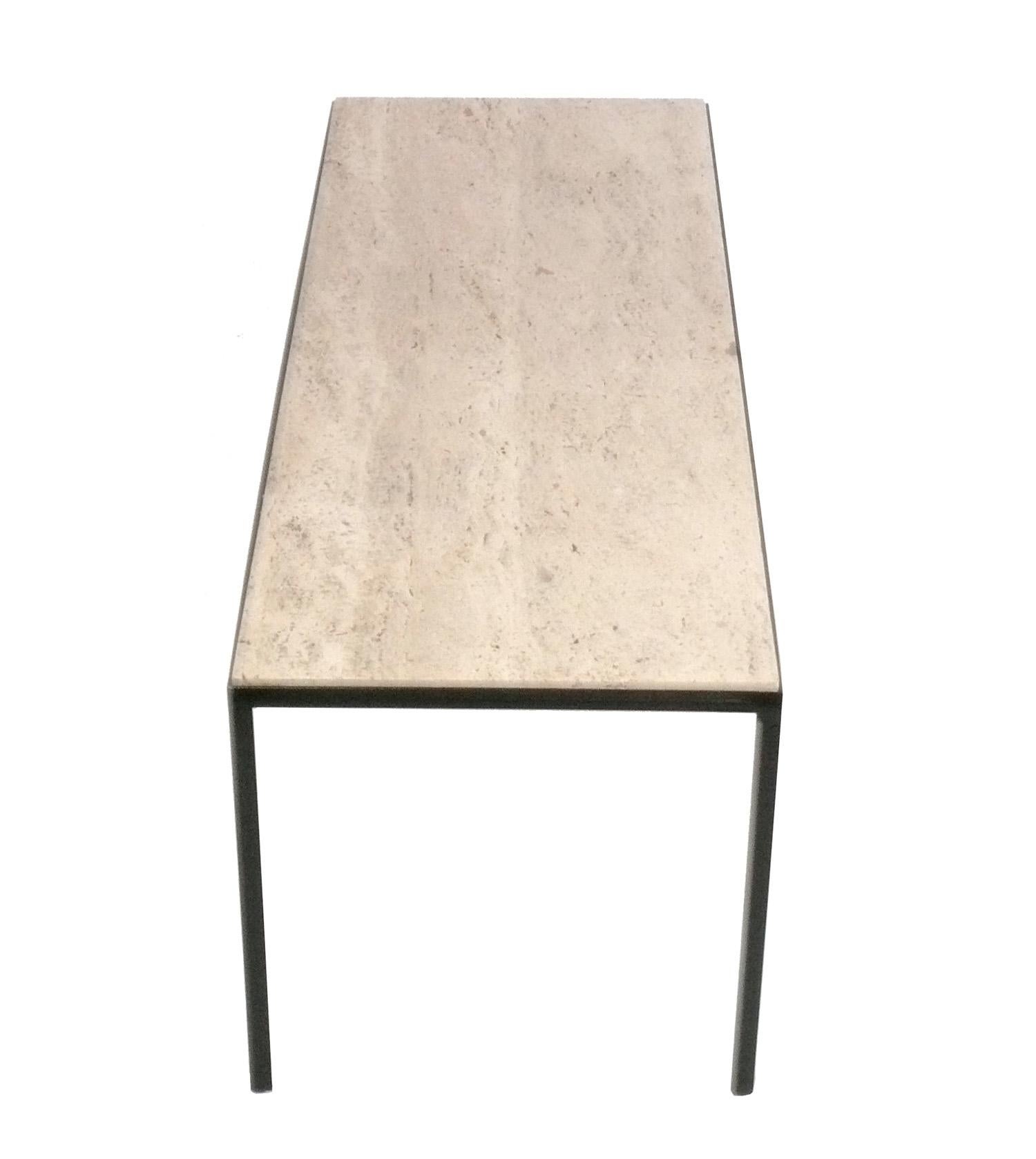 Clean Lined Travertine and Iron Coffee Table, attributed to Florence Knoll for Knoll, unsigned, American, circa 1960s. 