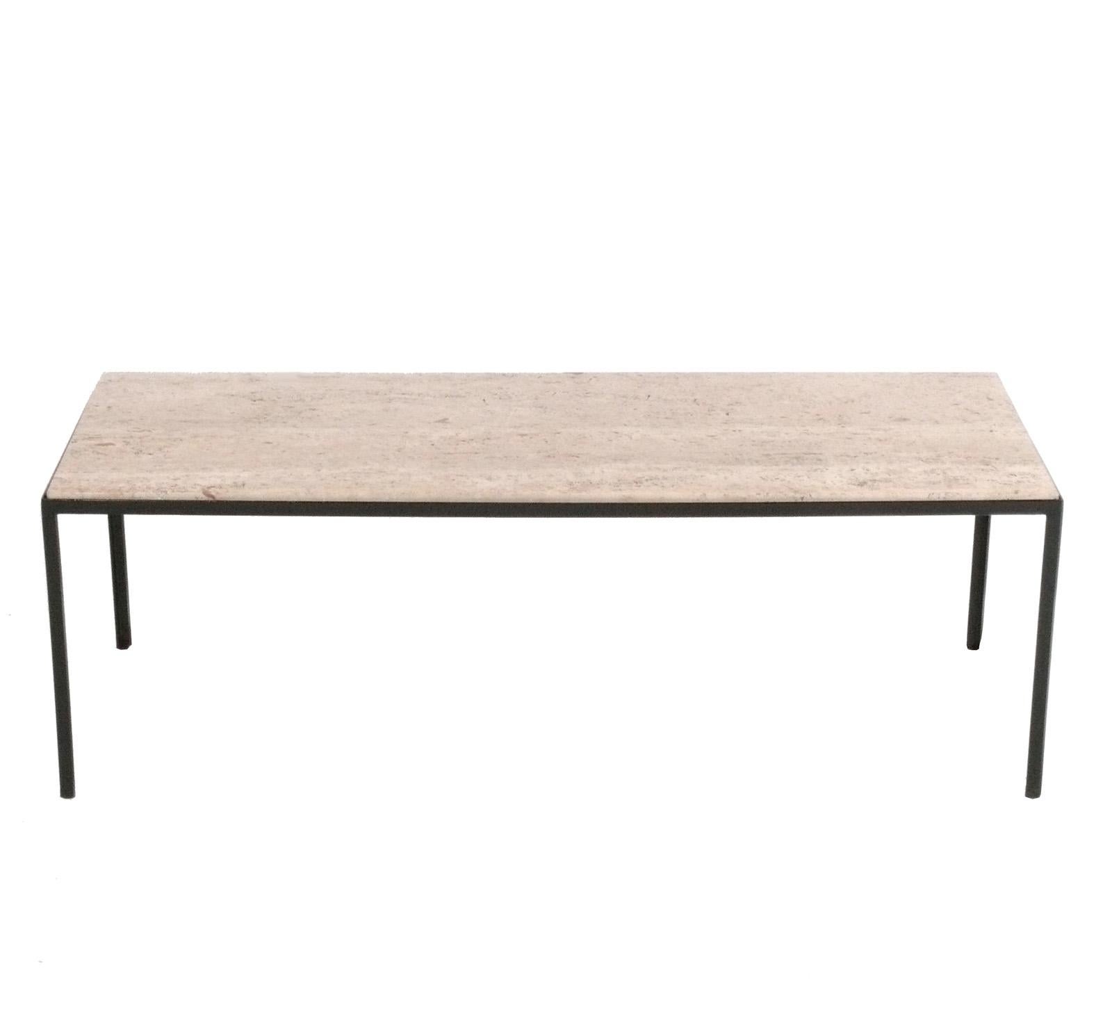 Mid-Century Modern Travertine and Iron Coffee Table attributed to Florence Knoll For Sale