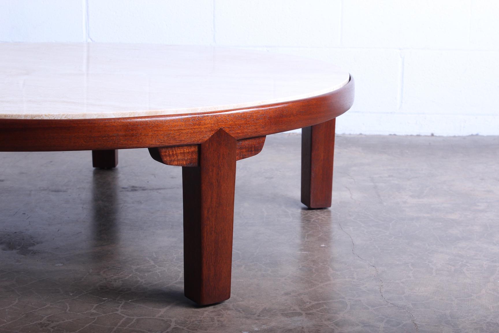 Travertine and Mahogany Coffee Table by Edward Wormley for Dunbar In Good Condition In Dallas, TX