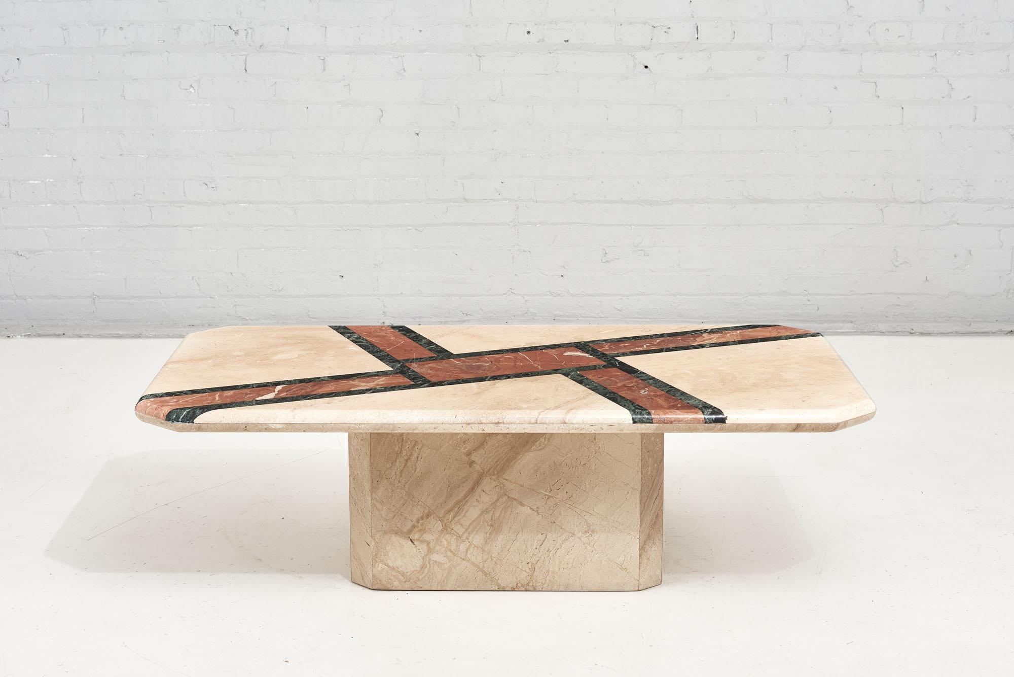 Travertine and Marble Coffee Table, 1980. End table in separate listing.
