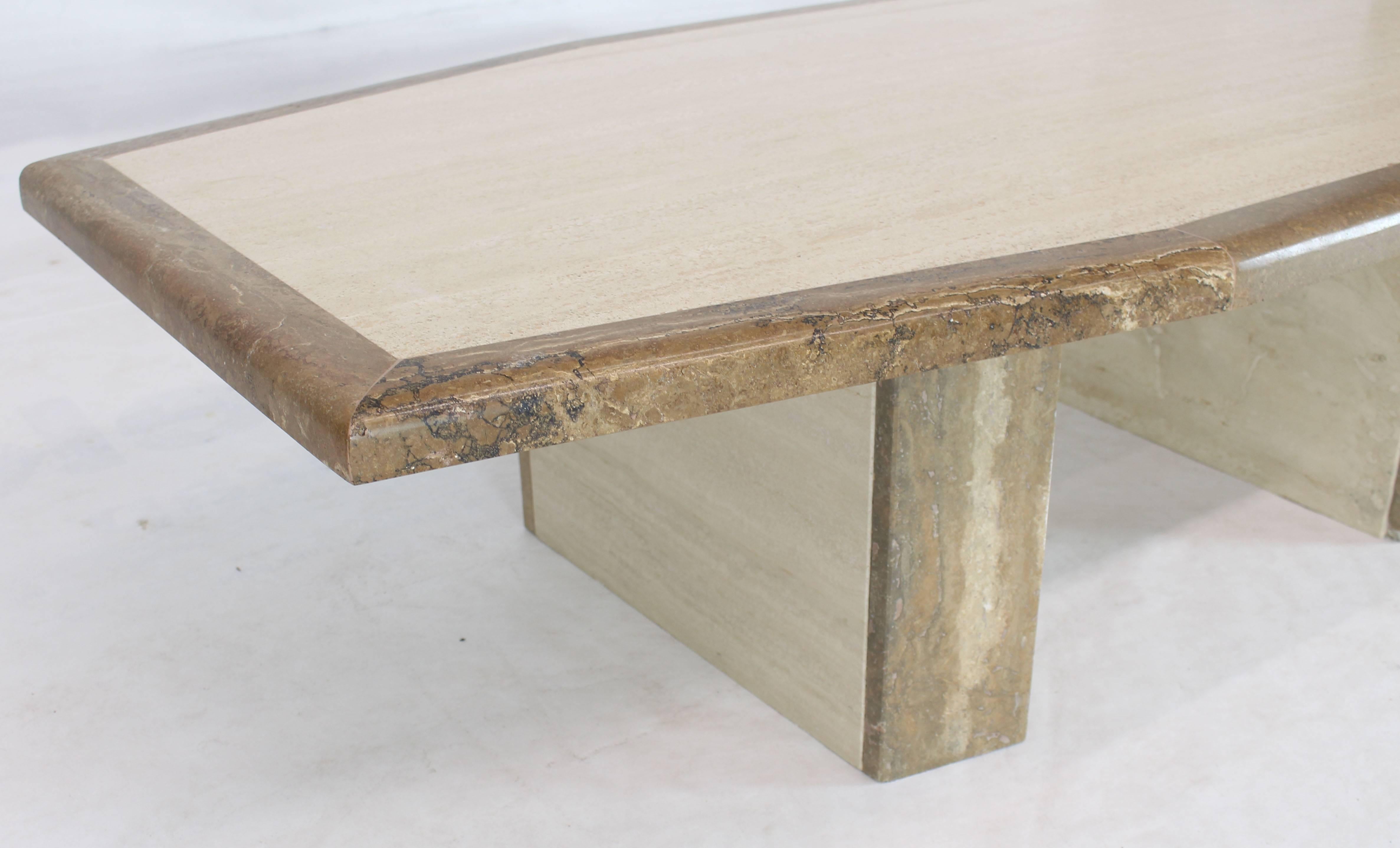 Polished Travertine and Marble Tow-Tone Boat Shape Coffee Table