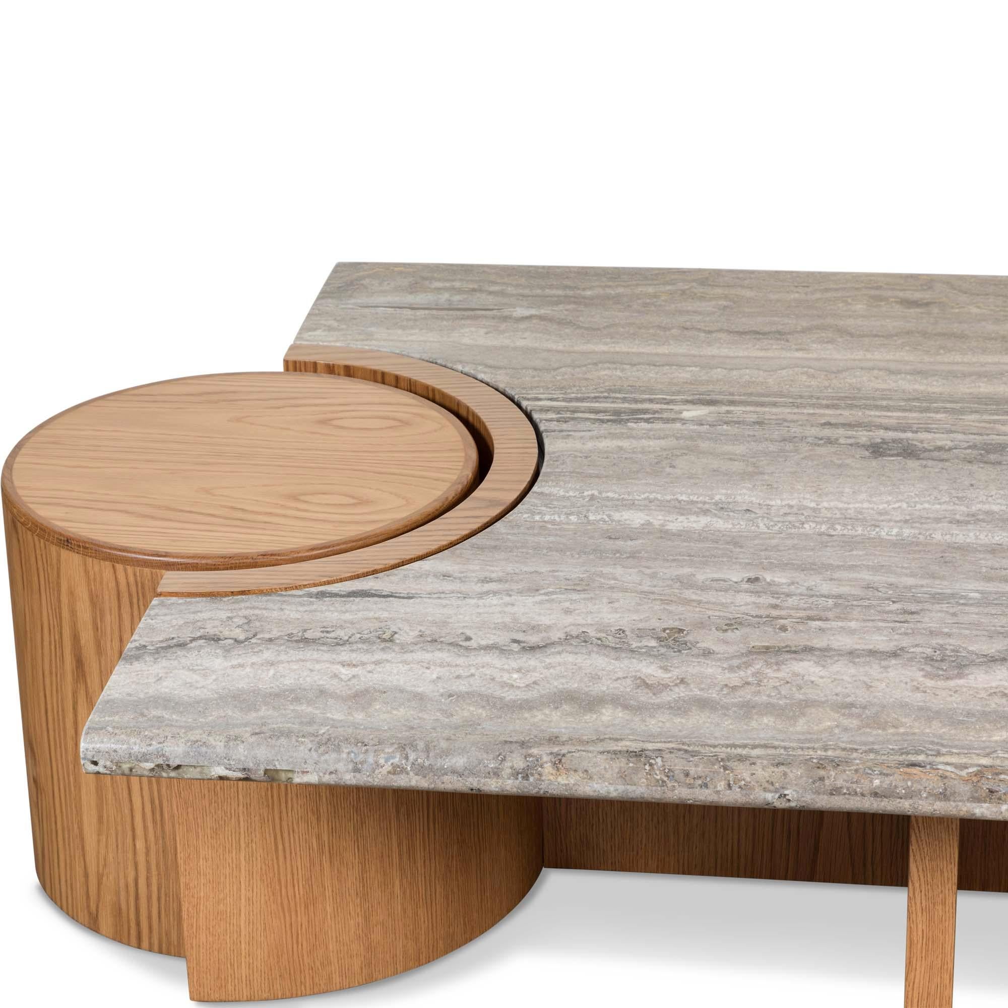 Travertine and Oak Prospect Coffee Table by Lawson-Fenning In New Condition For Sale In Los Angeles, CA