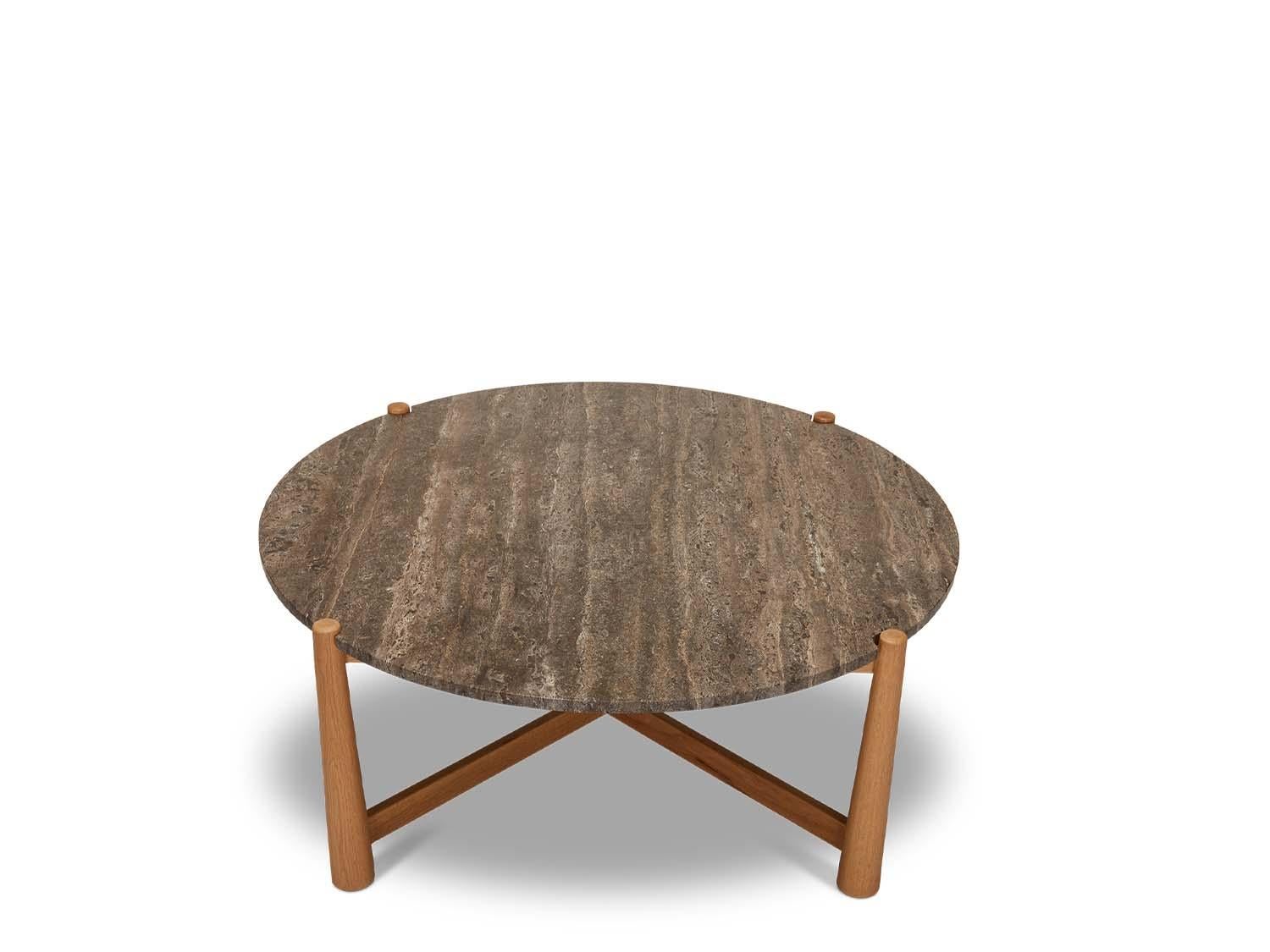 Mid-Century Modern Travertine and Oak Round Bronson Coffee Table 42