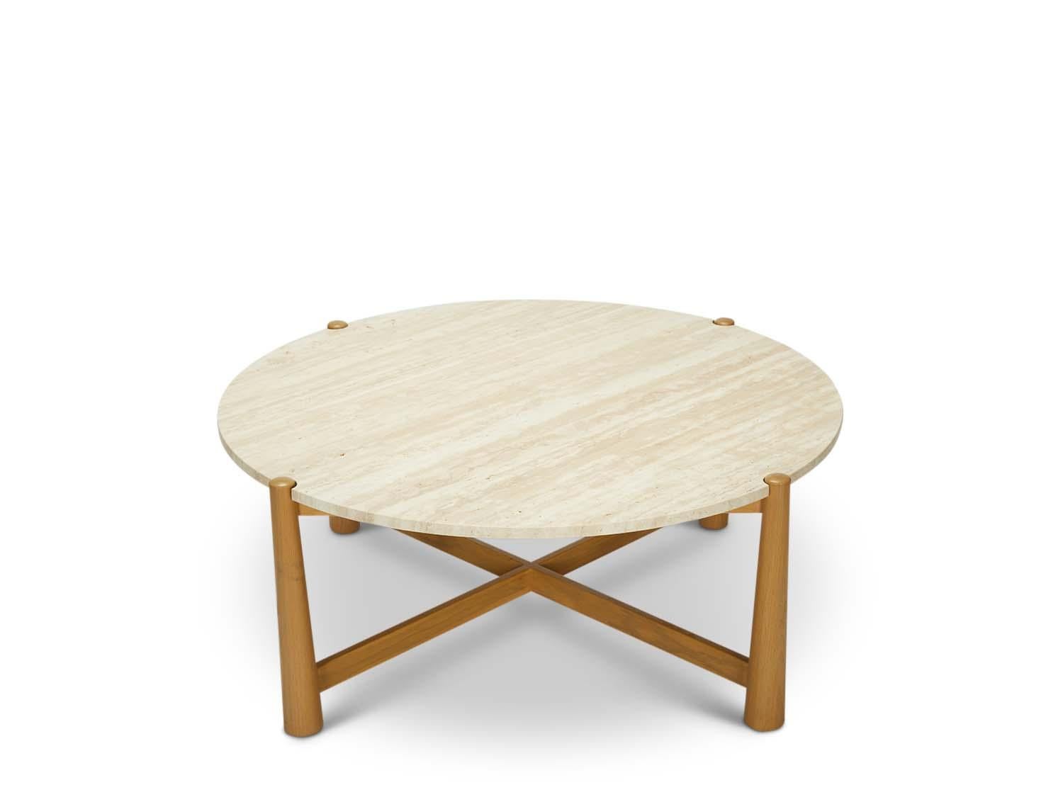 Mid-Century Modern Travertine and Oak Round Bronson Coffee Table by Lawson-Fenning